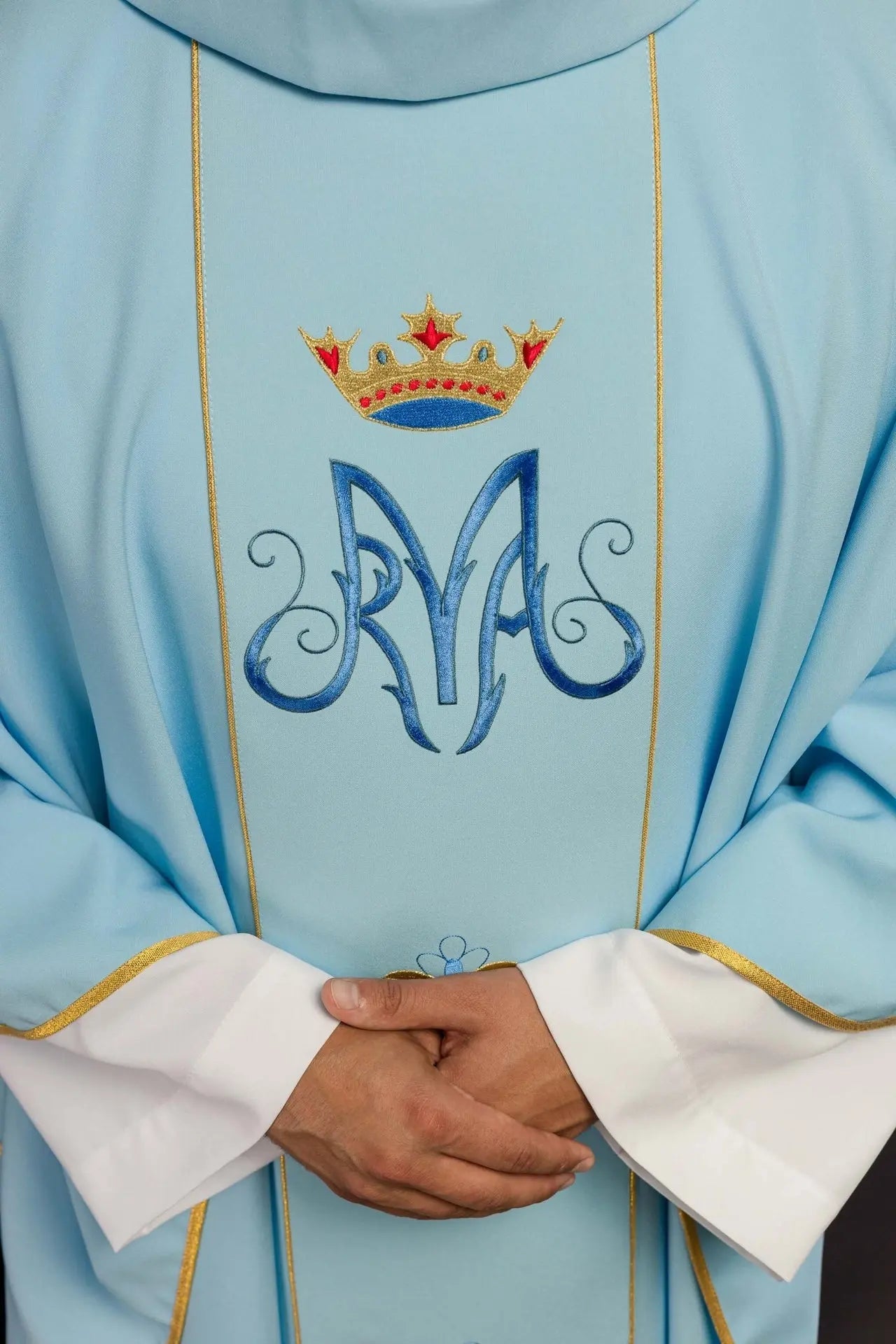 Blue Marian liturgical chasuble with belt