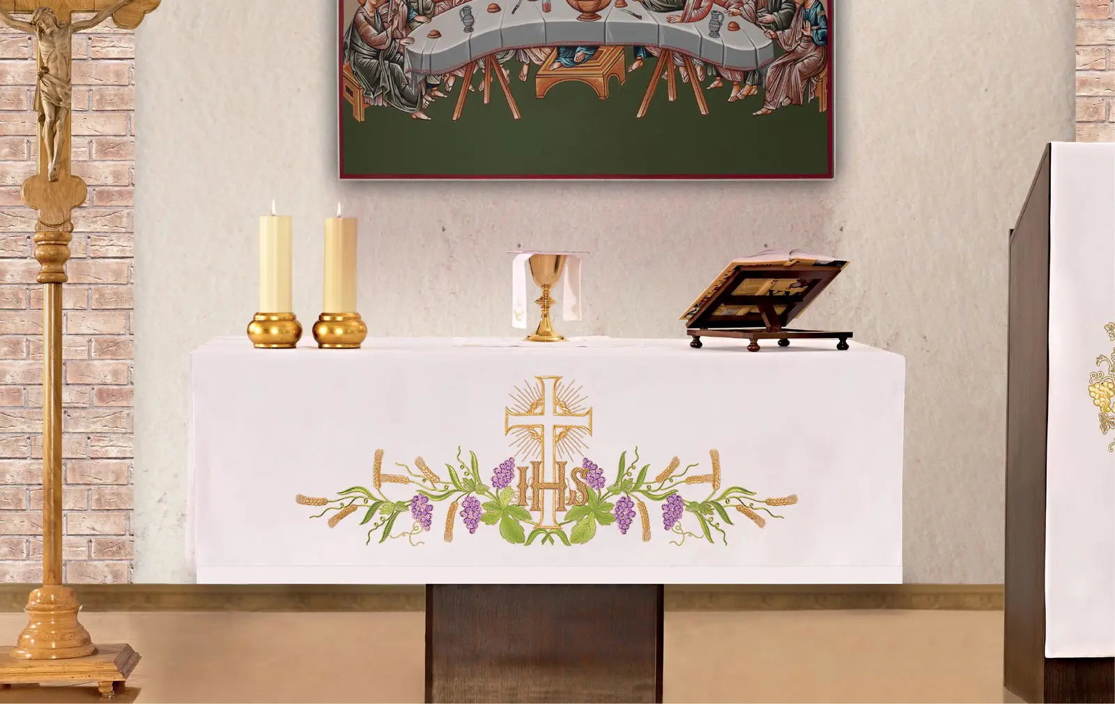 Altar cloth with floral front embroidery and IHS motif