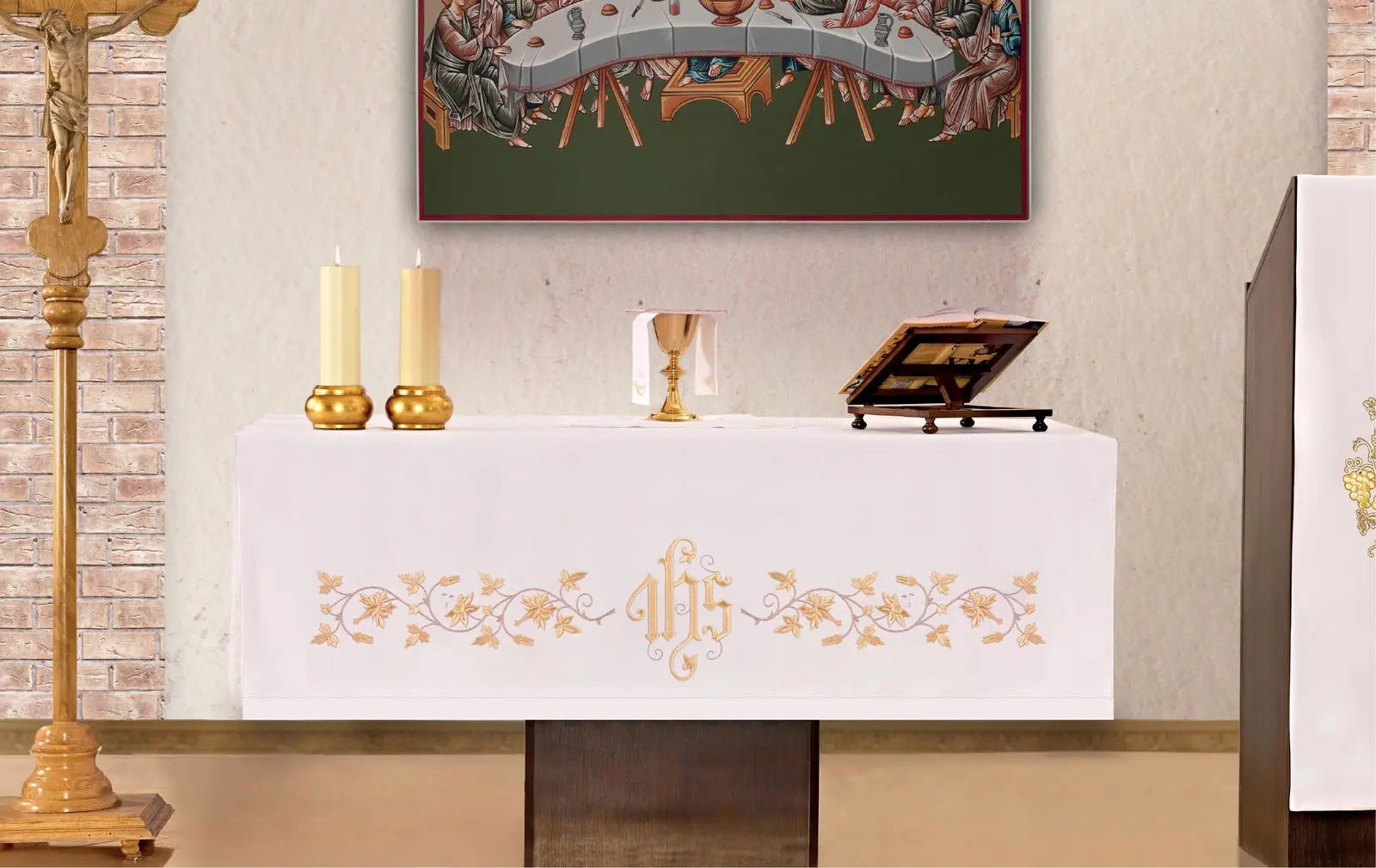 Altar cloth with gold IHS front embroidery