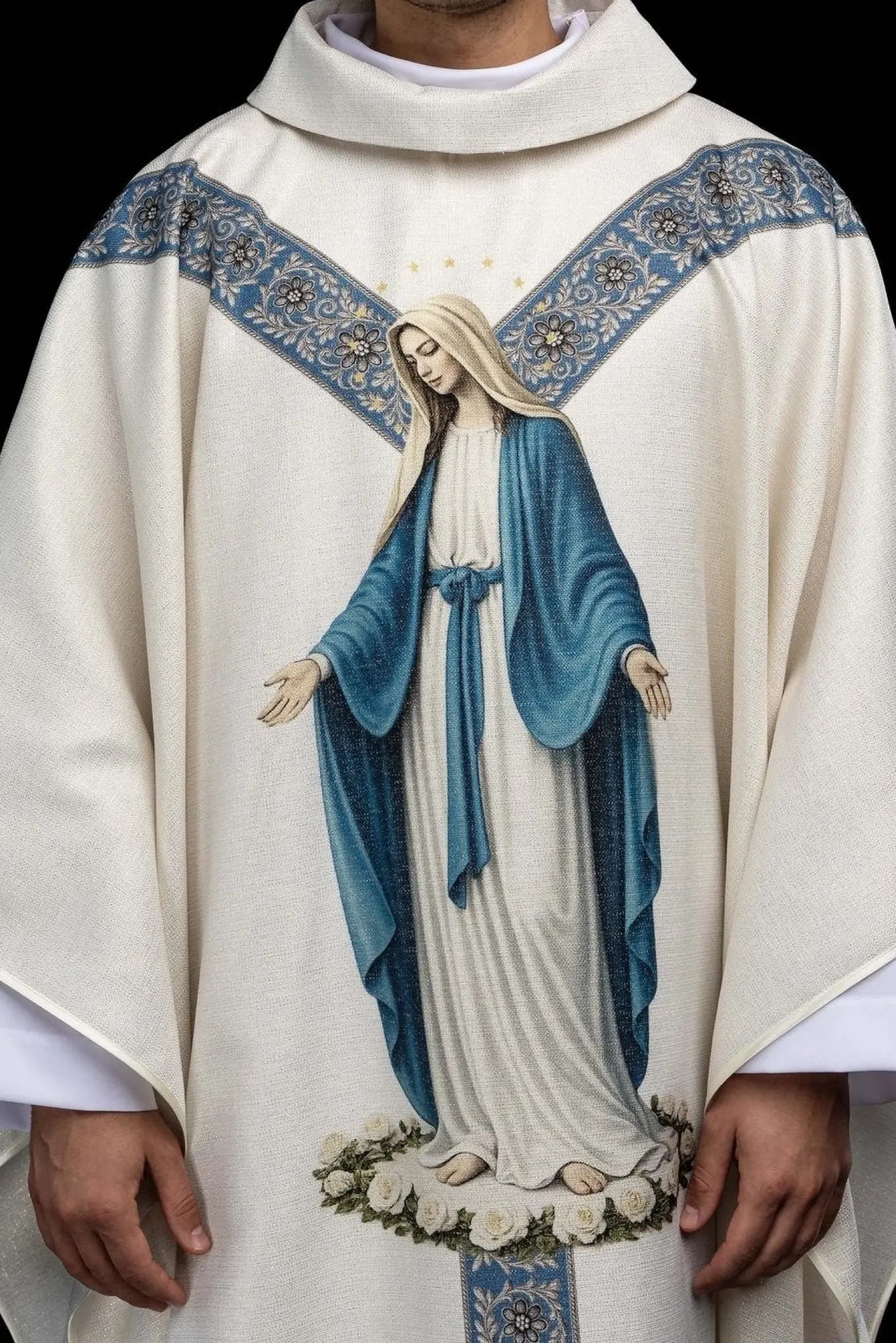 Ecru chasuble with printed image of the Immaculate Conception, Marian vestment
