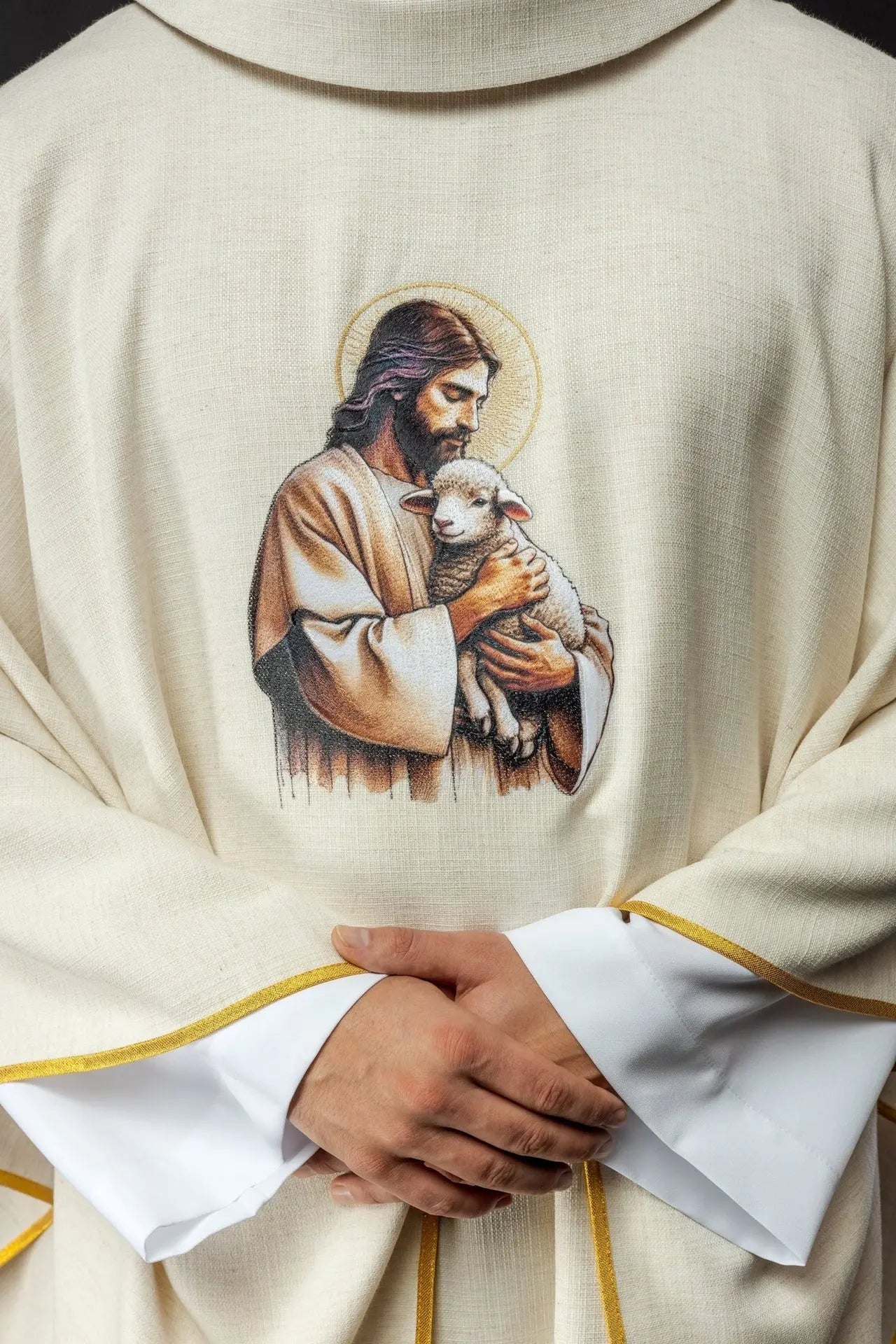 Ecru Chasuble with the Image of Jesus the Good Shepherd with the Lamb