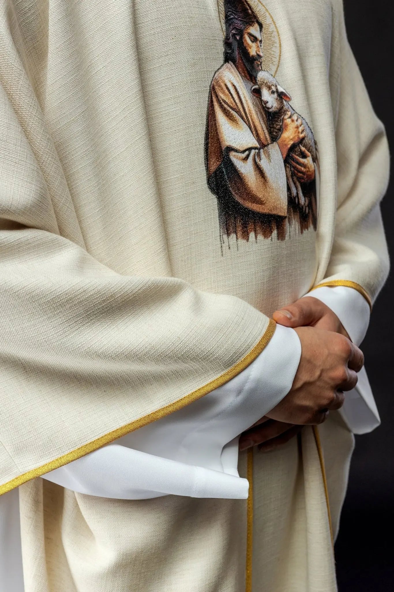 Ecru Chasuble with the Image of Jesus the Good Shepherd with the Lamb