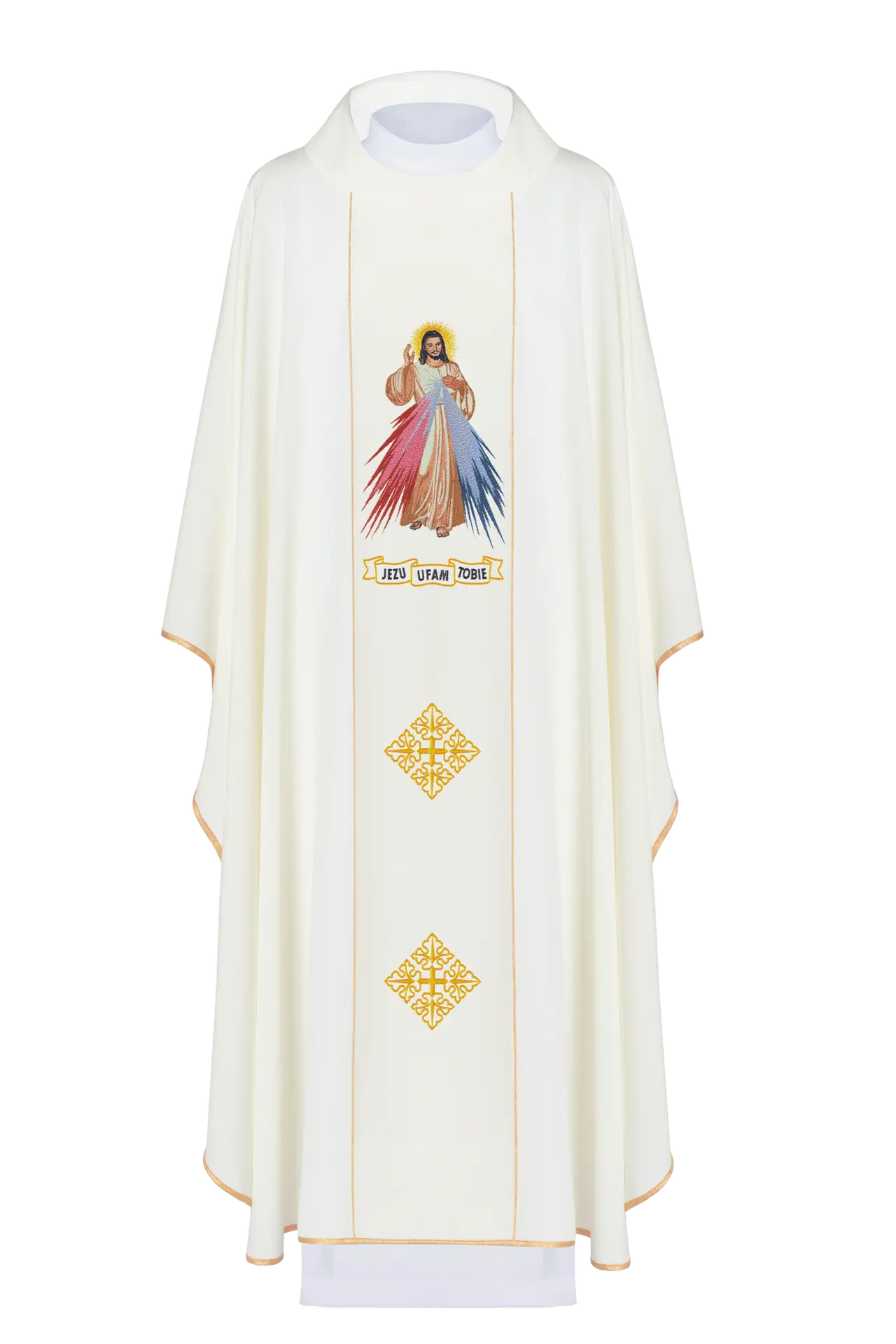 Embroidered chasuble of Merciful Jesus and IHS ecru
