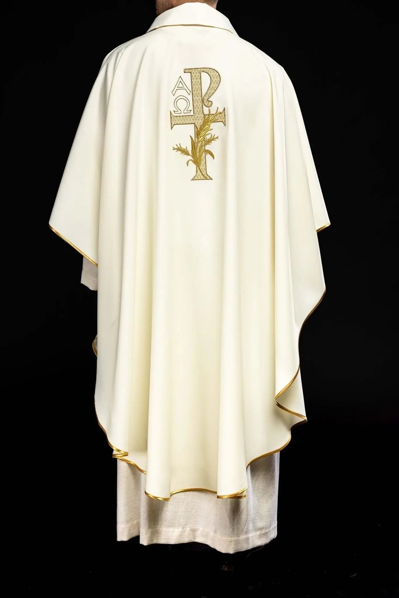 Embroidered Chasuble with Alpha and Omega Symbol and Wide Collar – Ecru