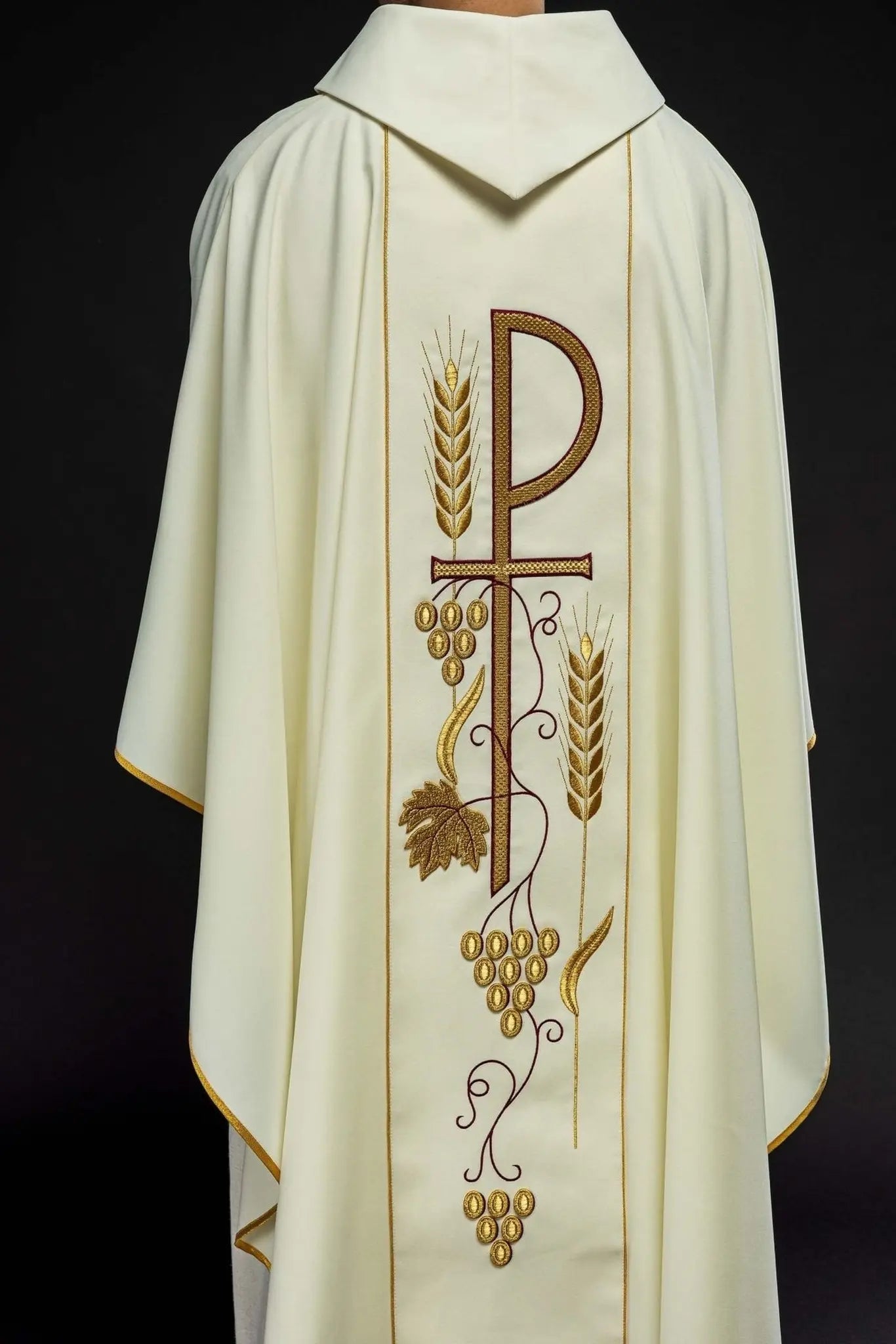 Embroidered chasuble with IHS chalice design in ecru