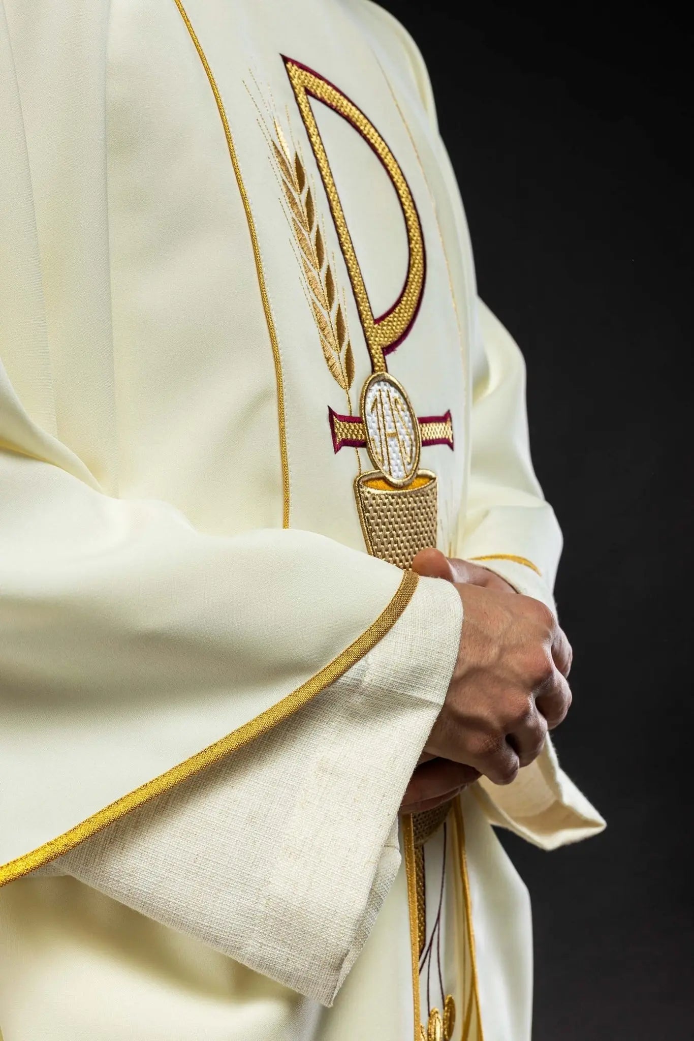 Embroidered chasuble with IHS chalice design in ecru