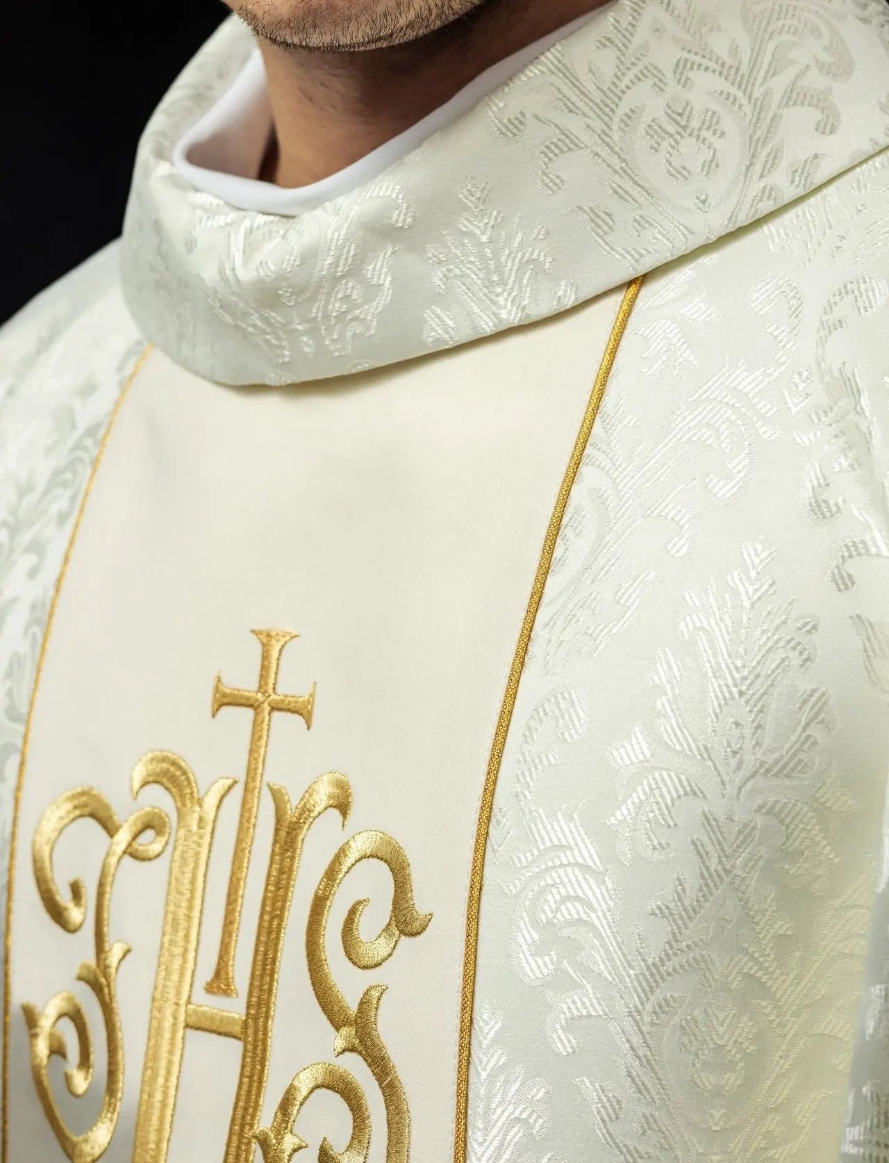 Ecru liturgical chasuble with richly decorated IHS belt