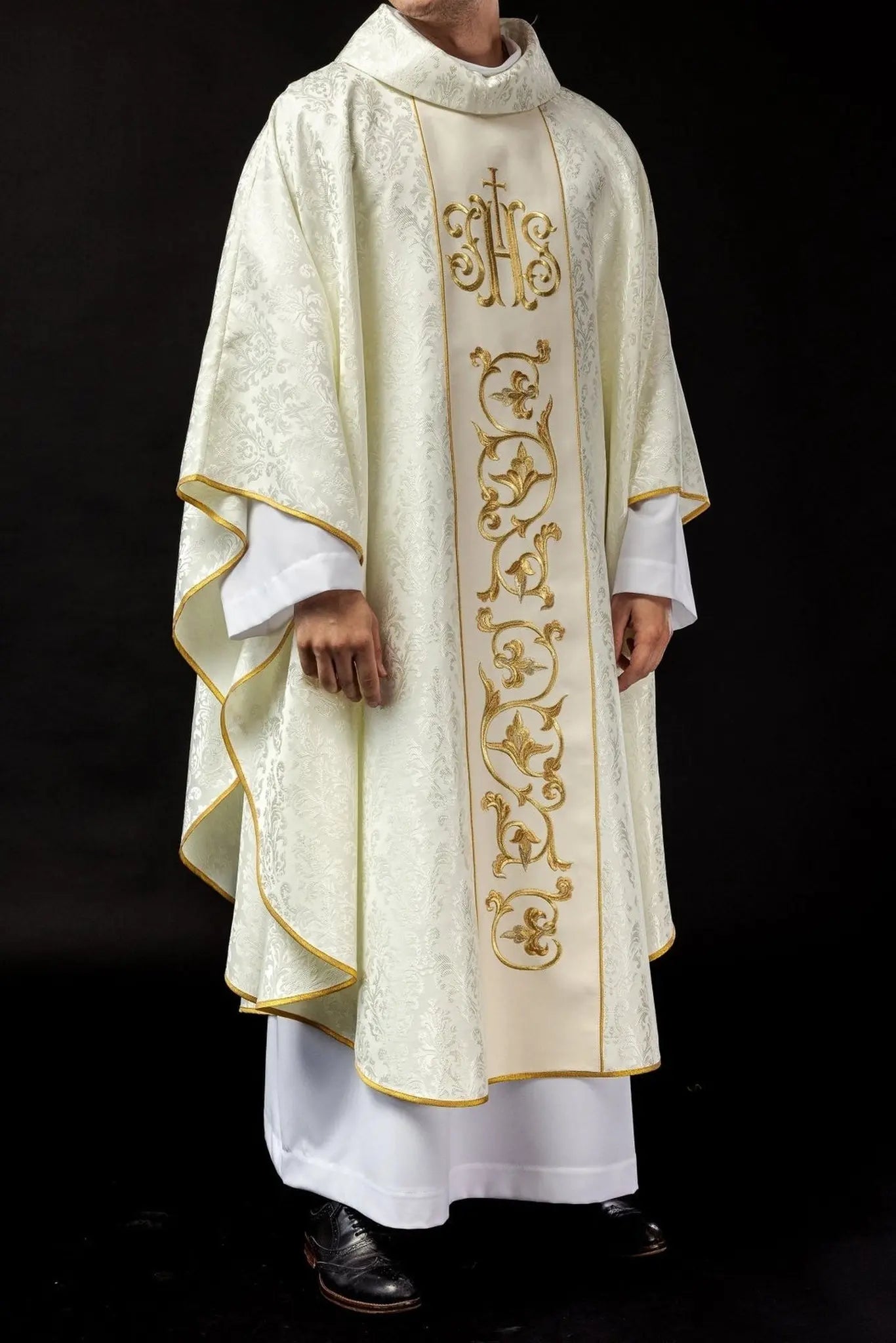 Ecru liturgical chasuble with richly decorated IHS belt