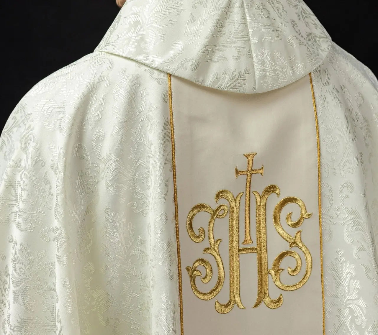 Ecru liturgical chasuble with richly decorated IHS belt