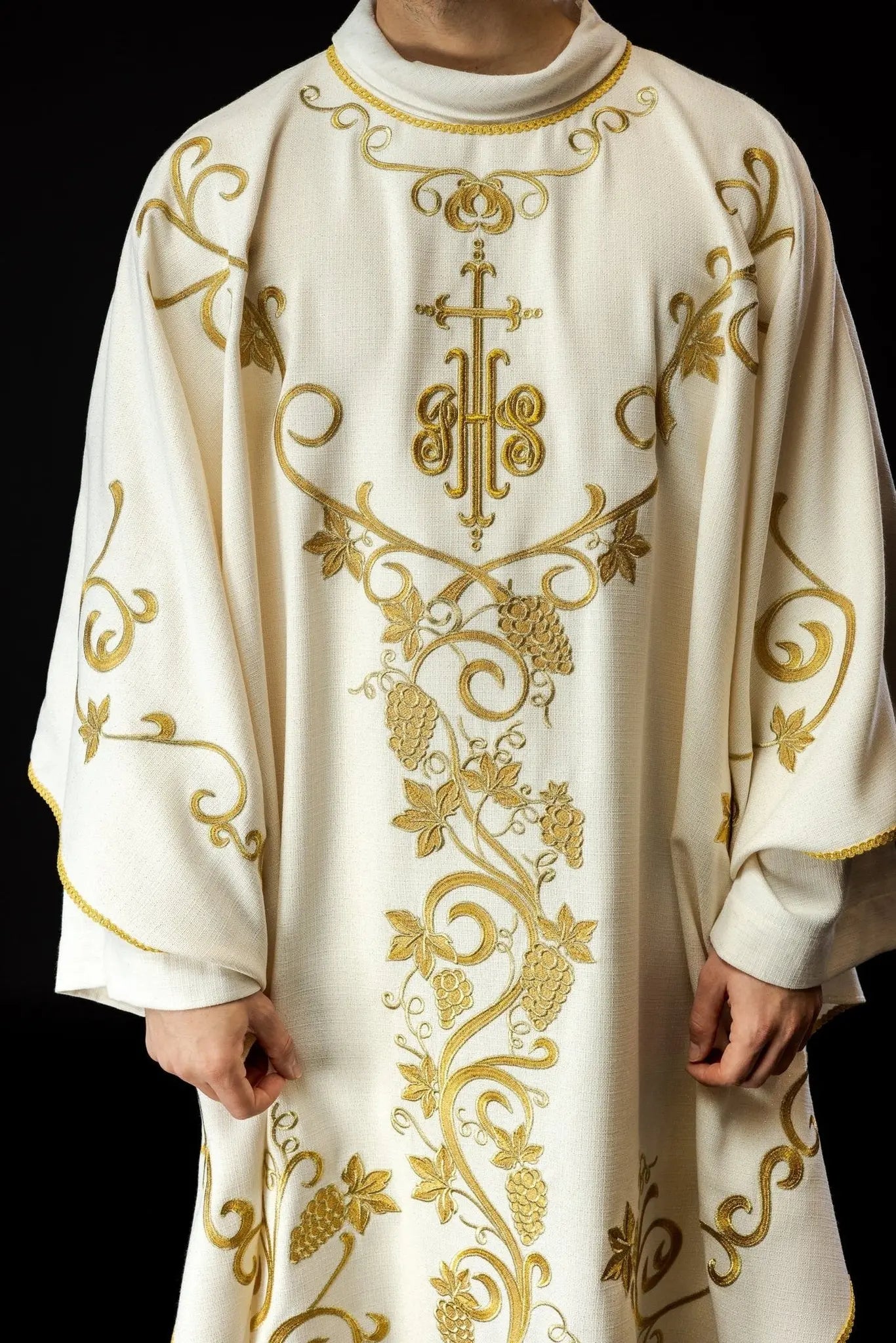 Liturgical Chasuble Embroidered with IHS and Grapevine Motifs in Ecru