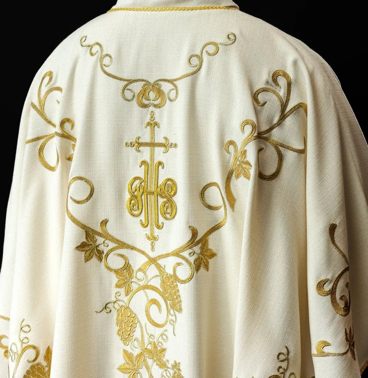 Liturgical Chasuble Embroidered with IHS and Grapevine Motifs in Ecru