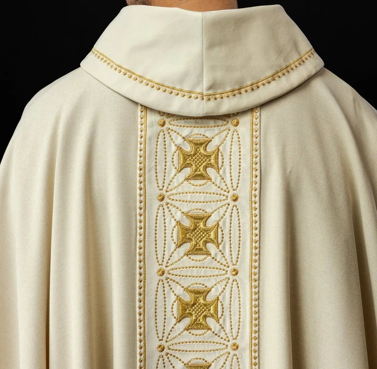 Liturgical chasuble with richly decorated belt with crosses in ecru color