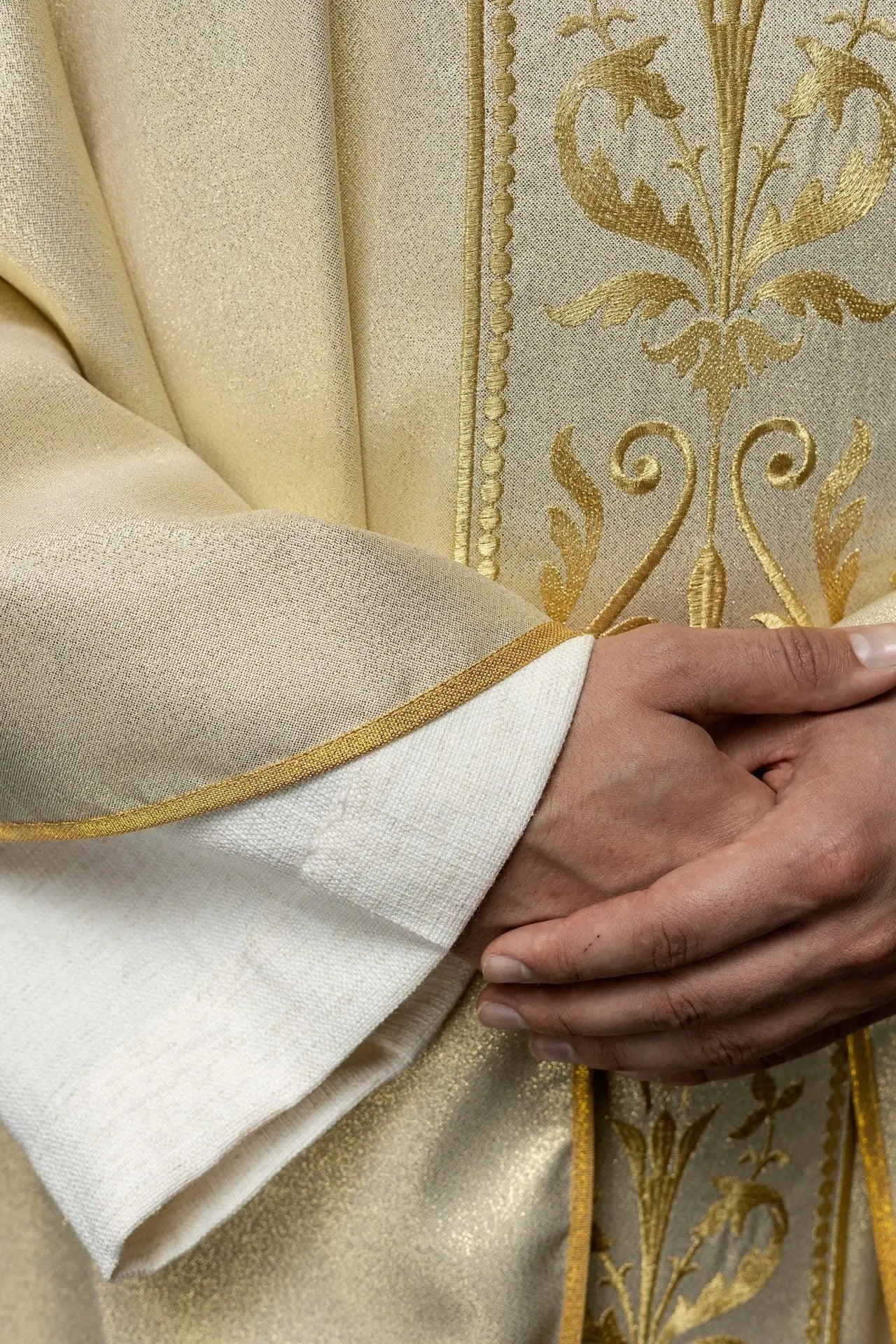 Liturgical chasuble with ornate gold embroidered belt