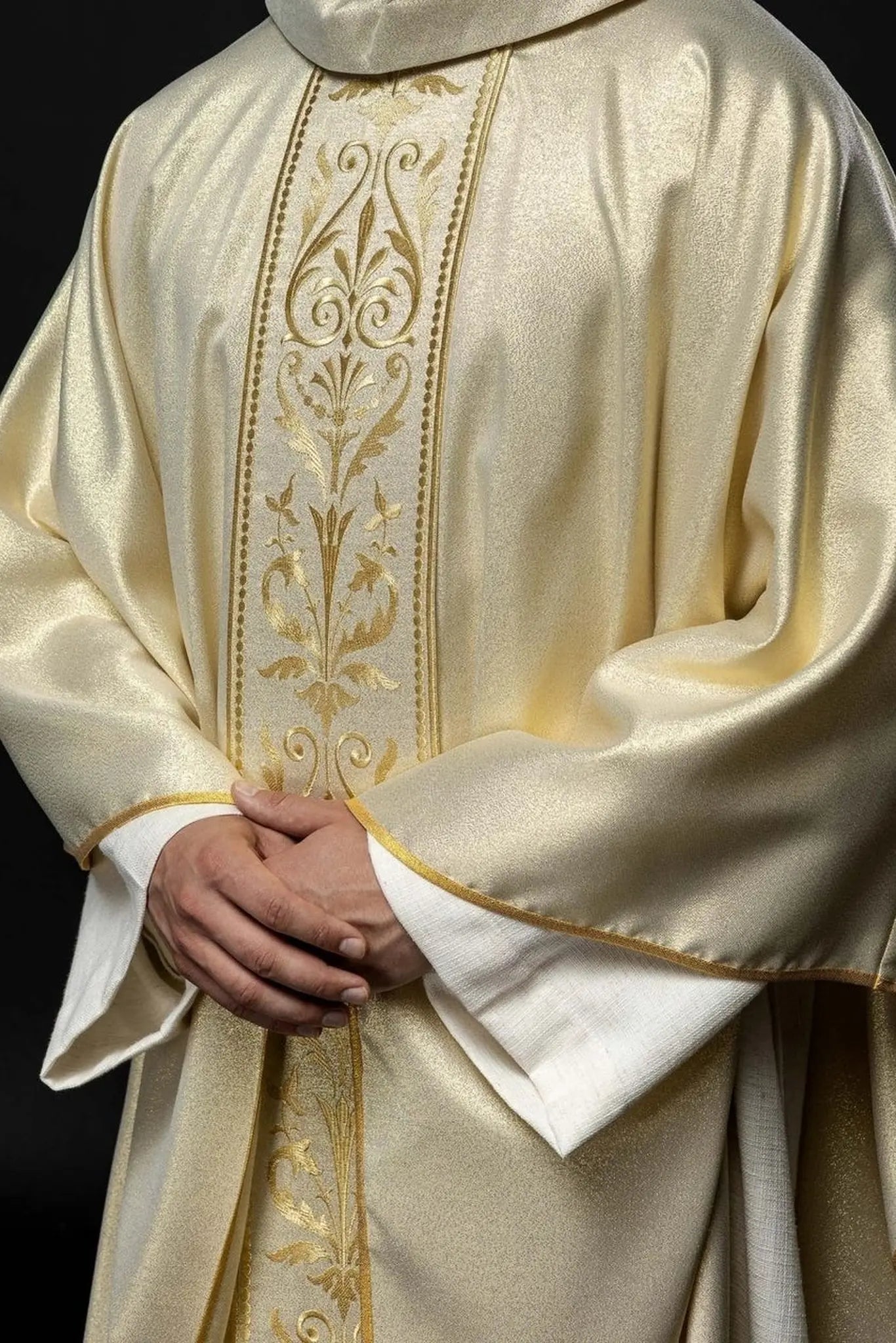 Liturgical chasuble with ornate gold embroidered belt