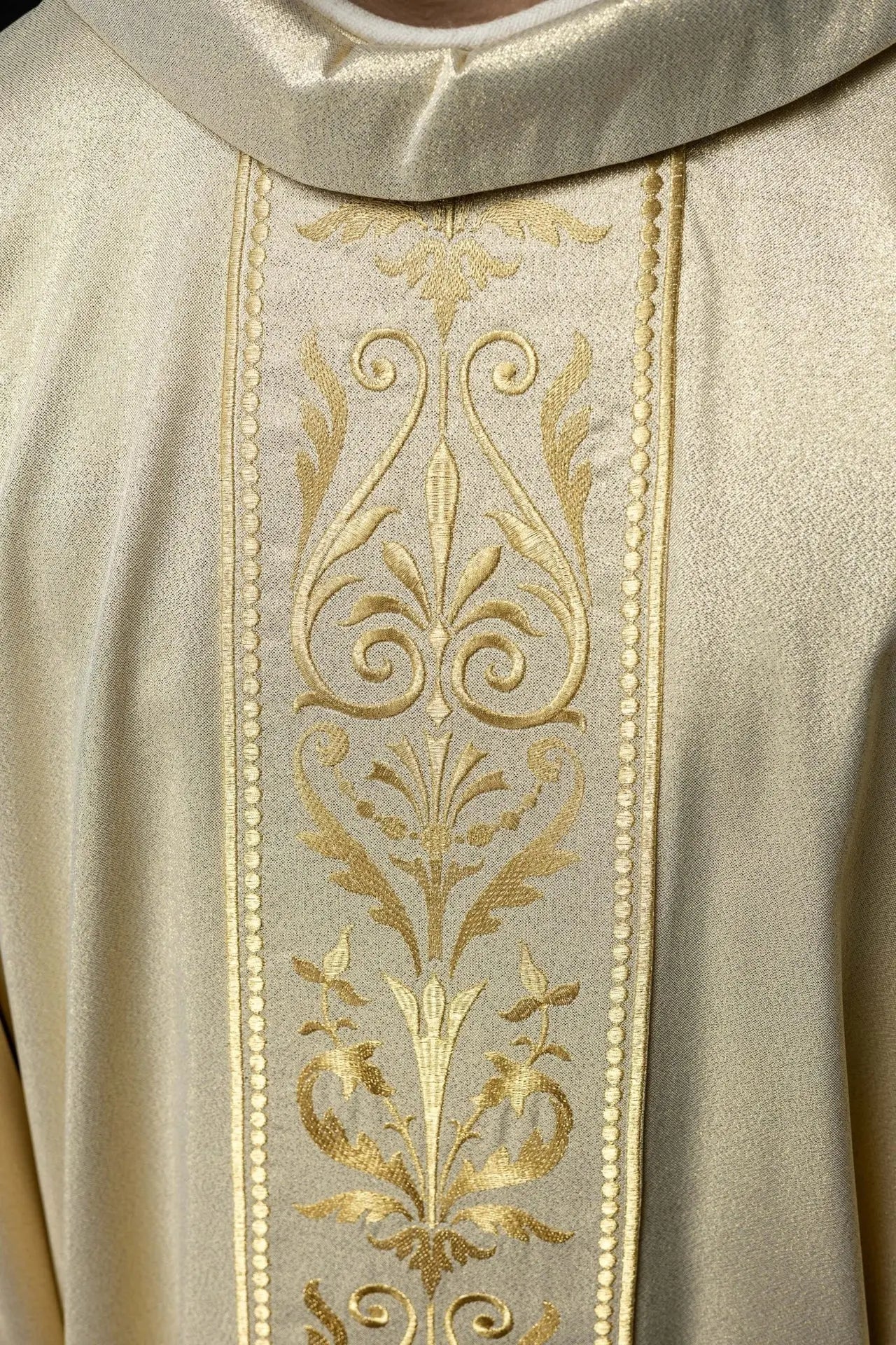 Liturgical chasuble with ornate gold embroidered belt