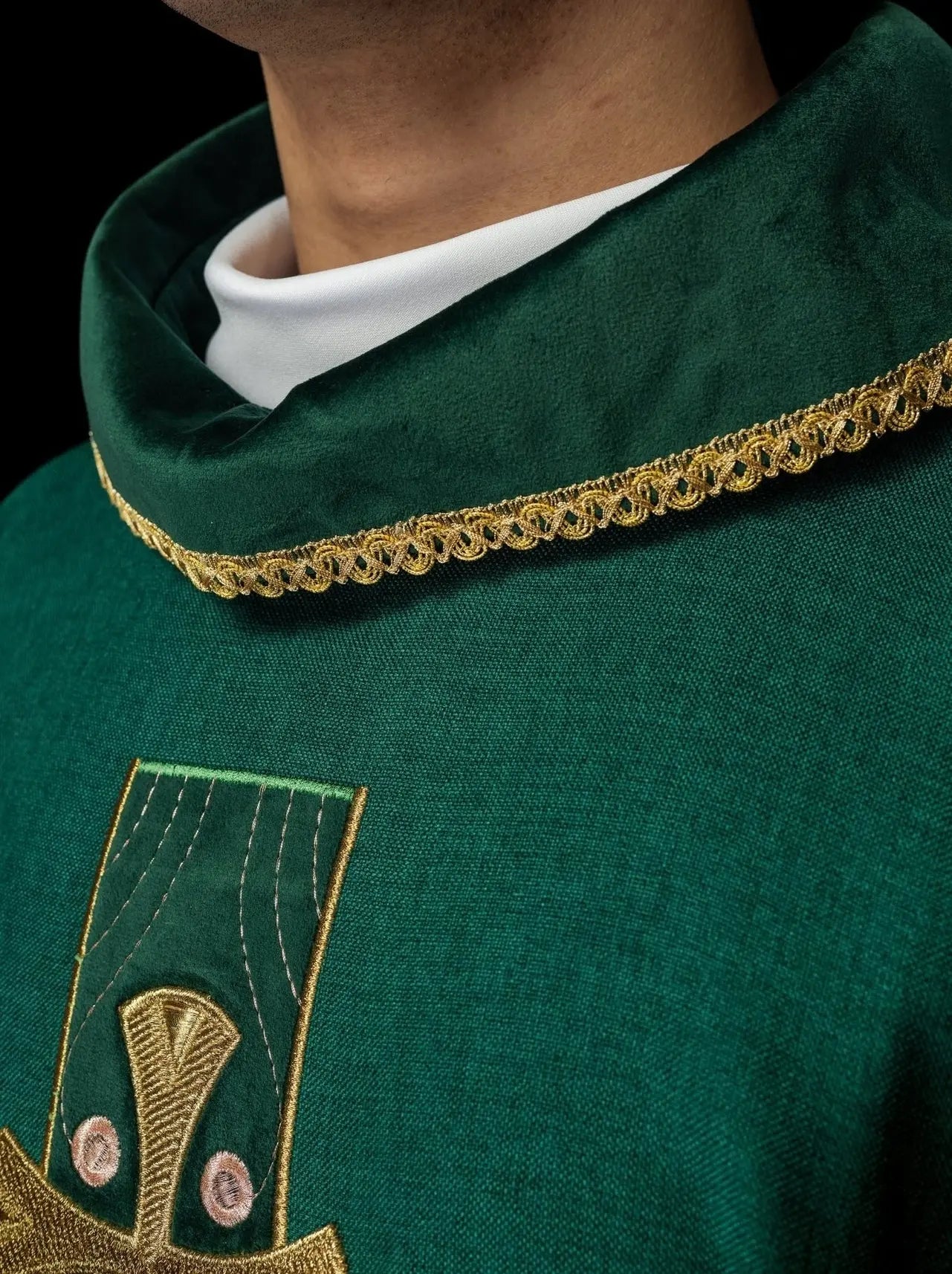 Chasuble with embroidered gold crosses and green collar piping