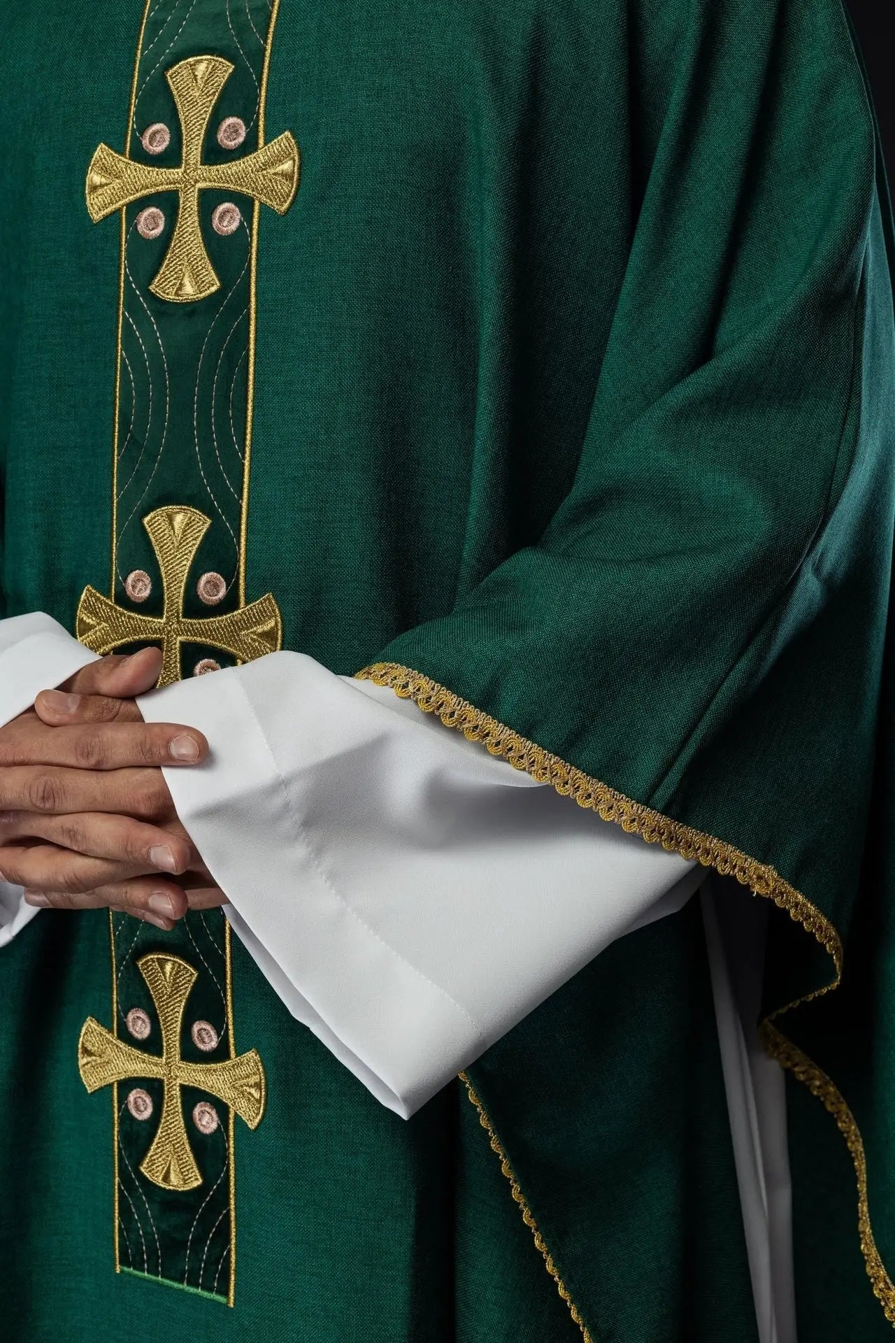 Chasuble with embroidered gold crosses and green collar piping