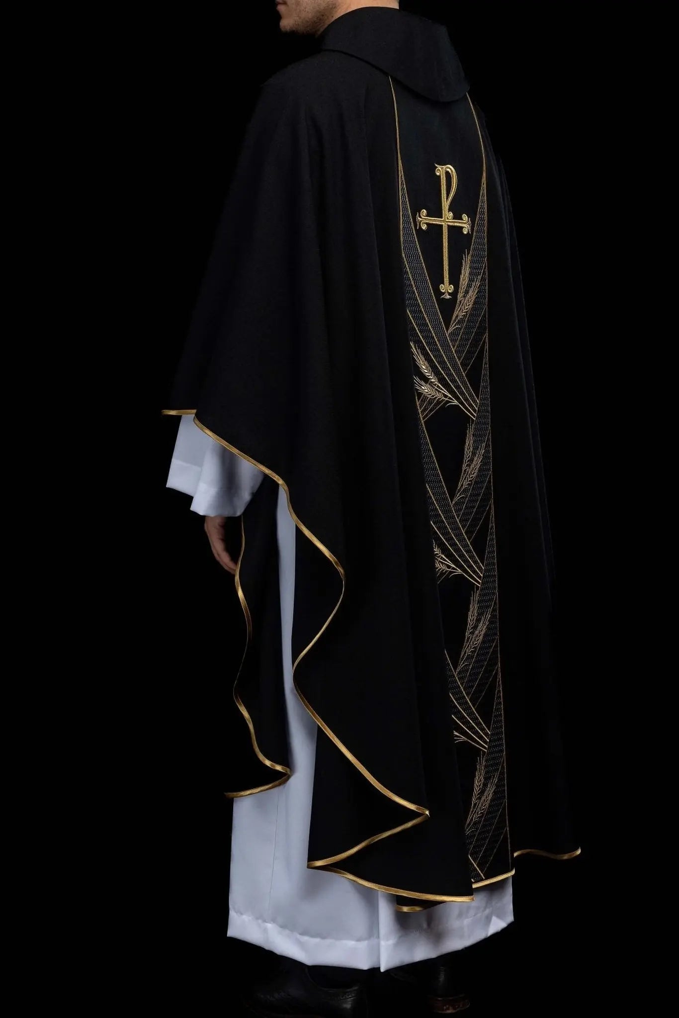 Black chasuble with embroidered PAX band and wheat motif
