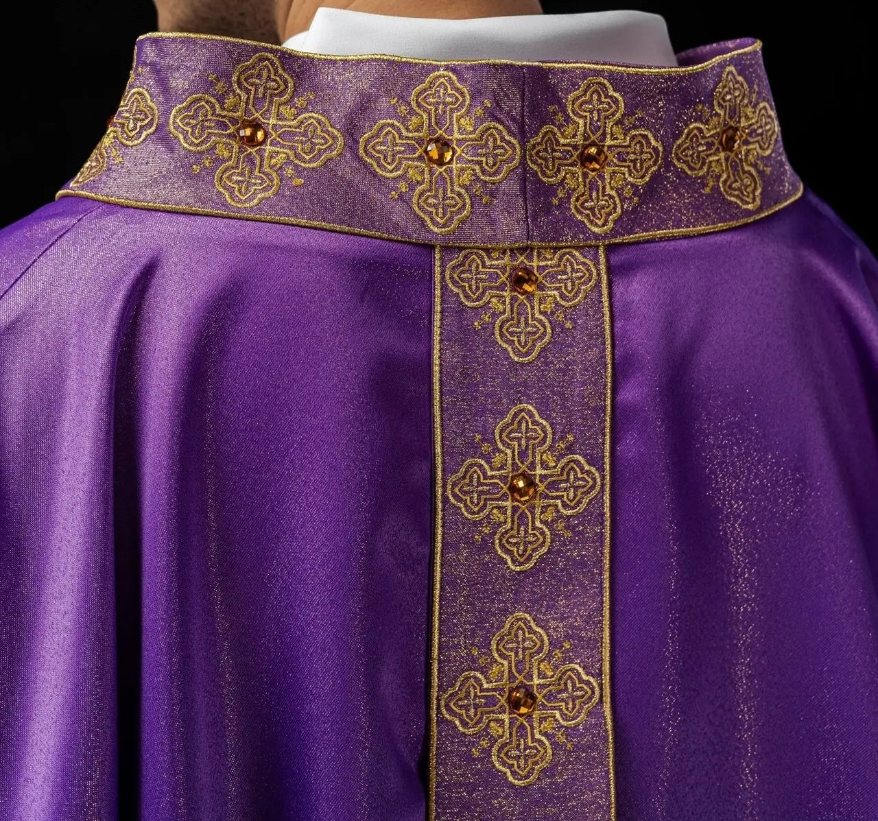 Purple chasuble with embroidered belt and collar decorated with stones