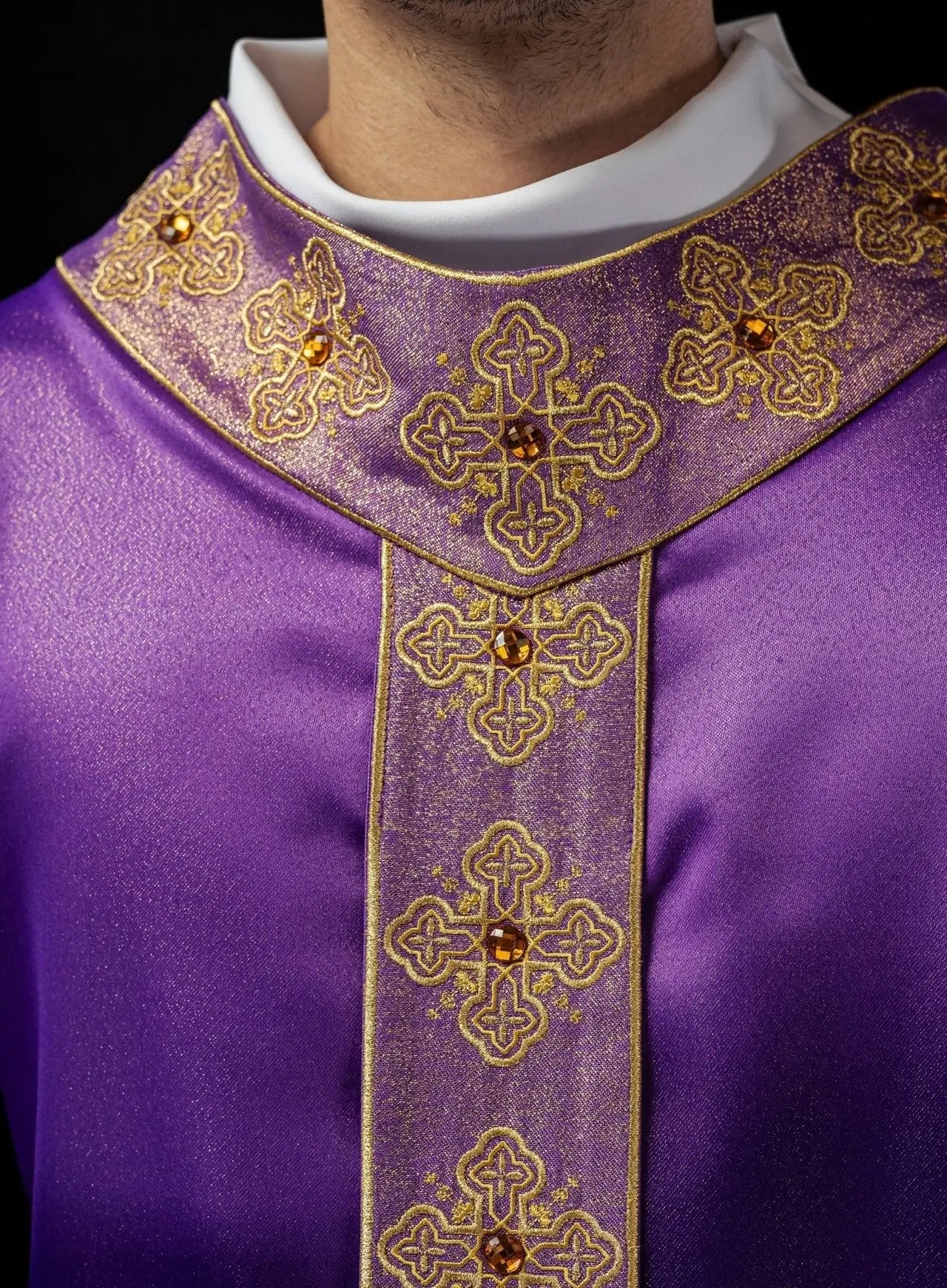 Purple chasuble with embroidered belt and collar decorated with stones
