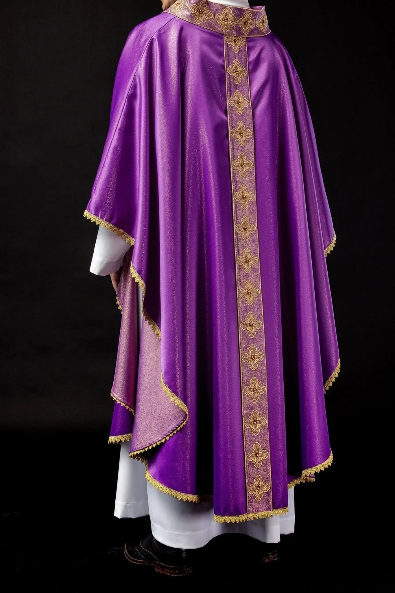 Purple chasuble with embroidered belt and collar decorated with stones