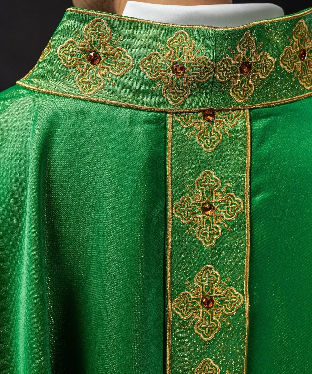 Green chasuble with embroidered belt and collar decorated with stones