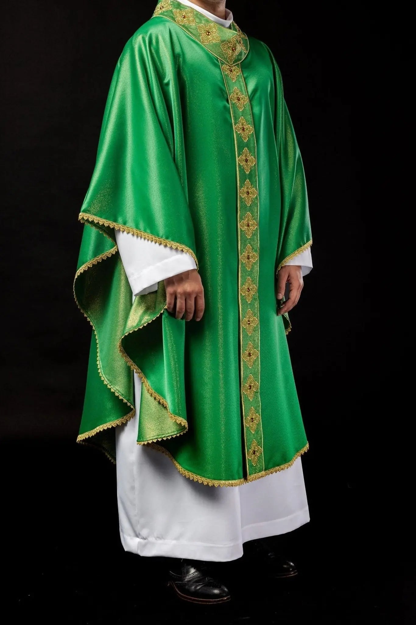 Green chasuble with embroidered belt and collar decorated with stones