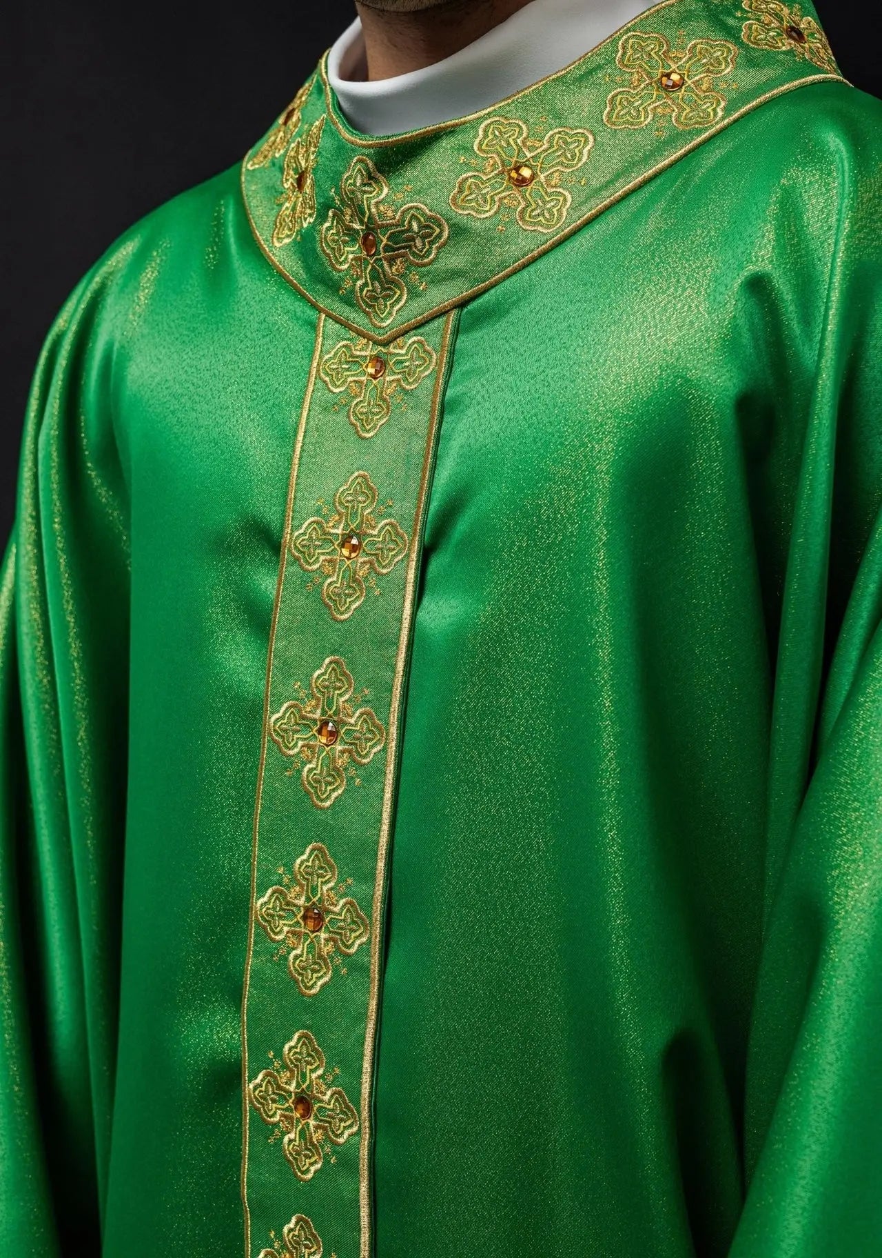 Green chasuble with embroidered belt and collar decorated with stones