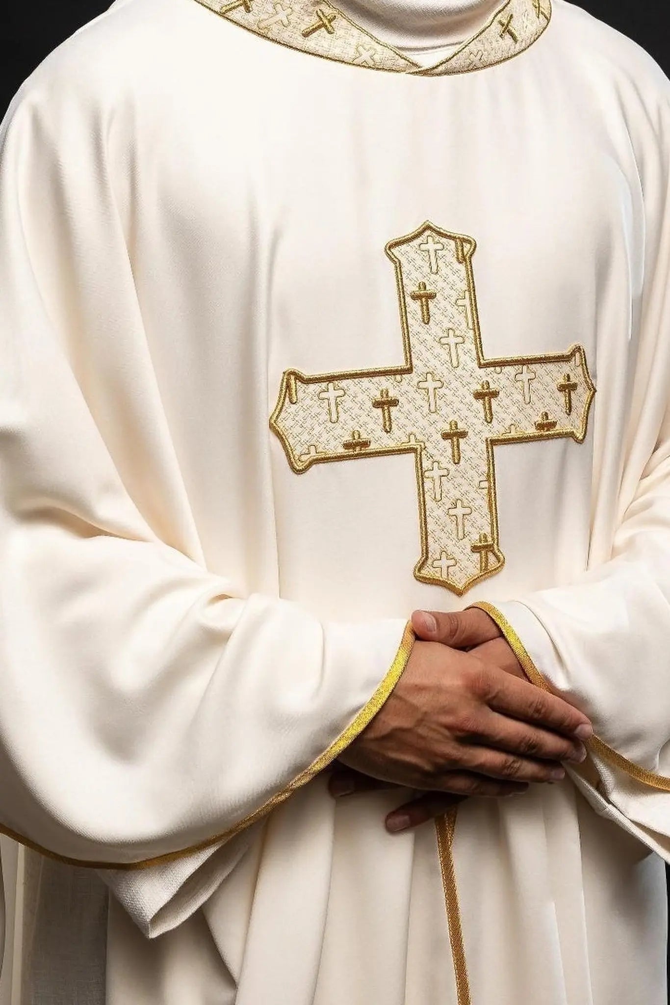 Chasuble with richly embroidered cross and ecru collar