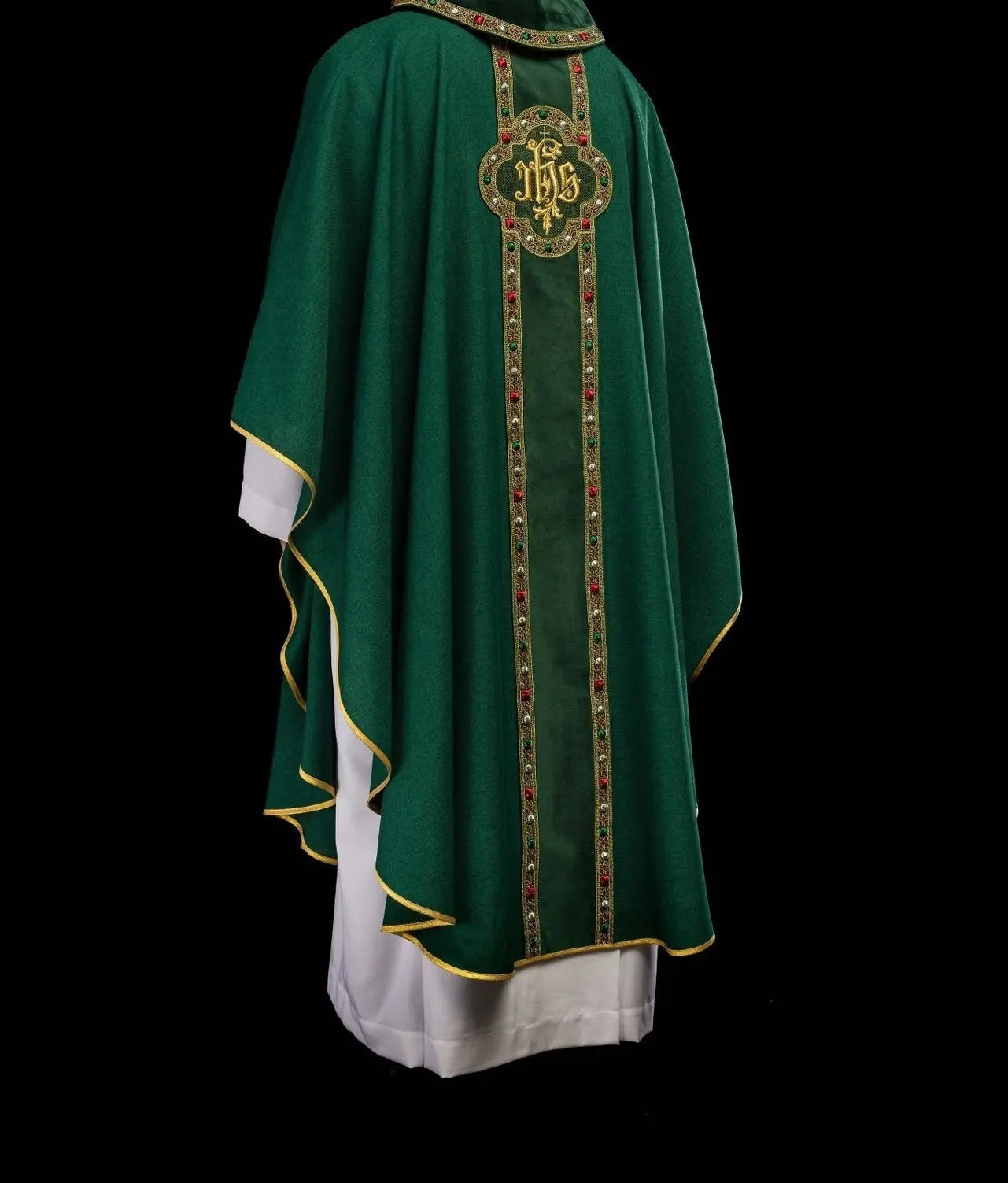 Chasuble with richly embroidered belt and piping around IHS embroidery and collar in green