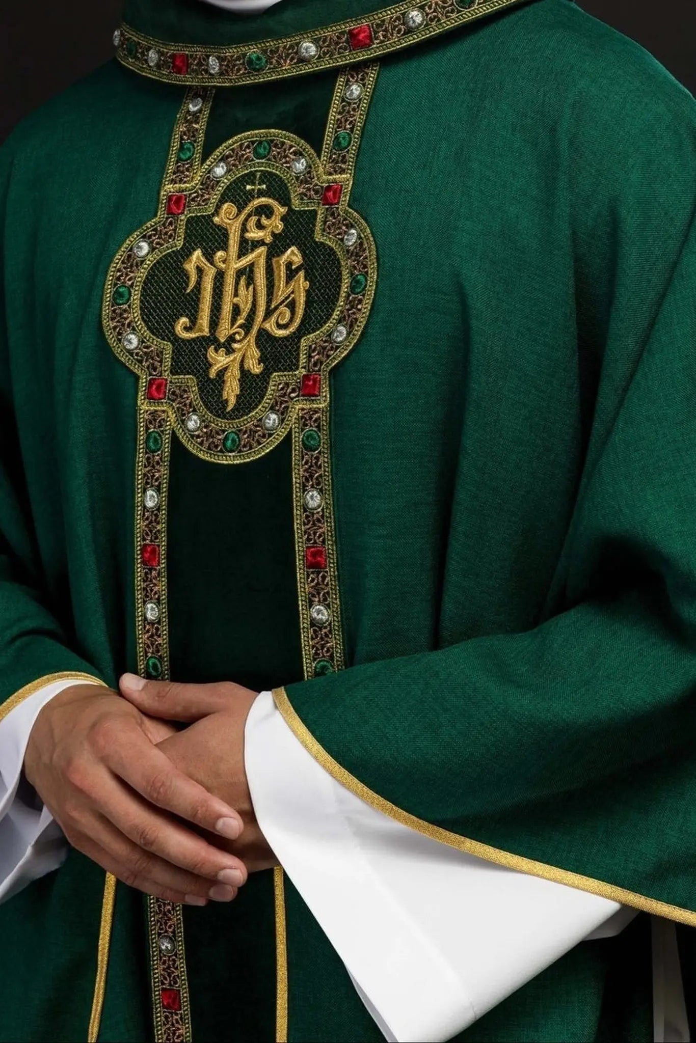 Chasuble with richly embroidered belt and piping around IHS embroidery and collar in green