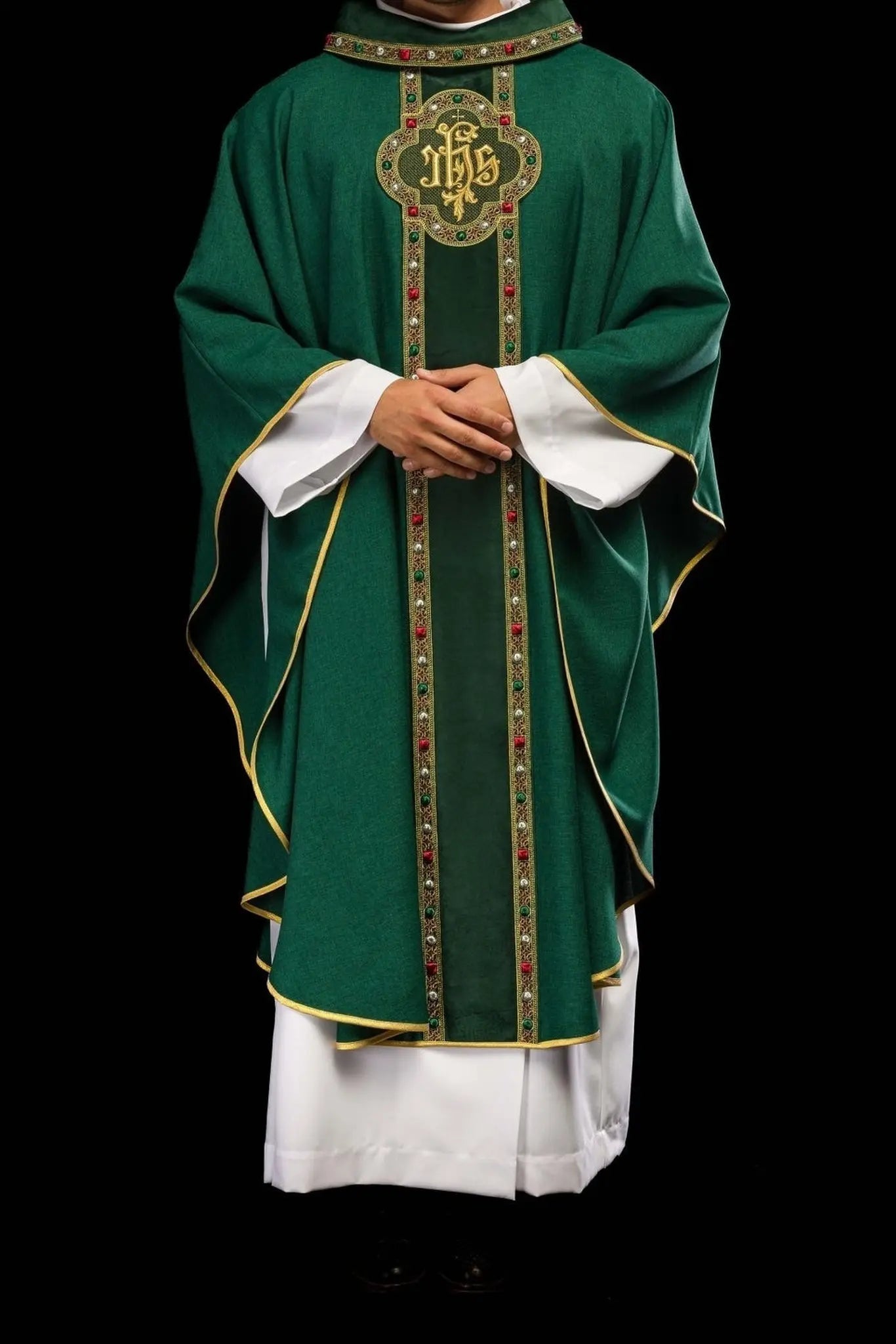 Chasuble with richly embroidered belt and piping around IHS embroidery and collar in green