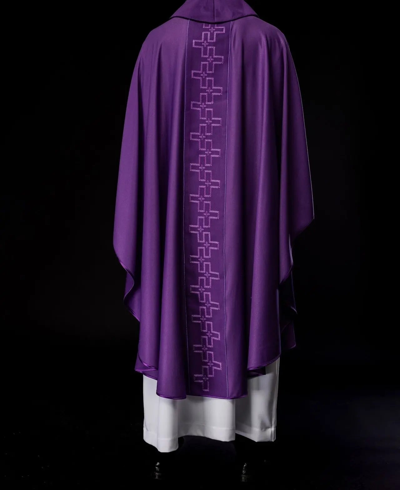 Chasuble with richly embroidered belt in cross embroidery in purple color
