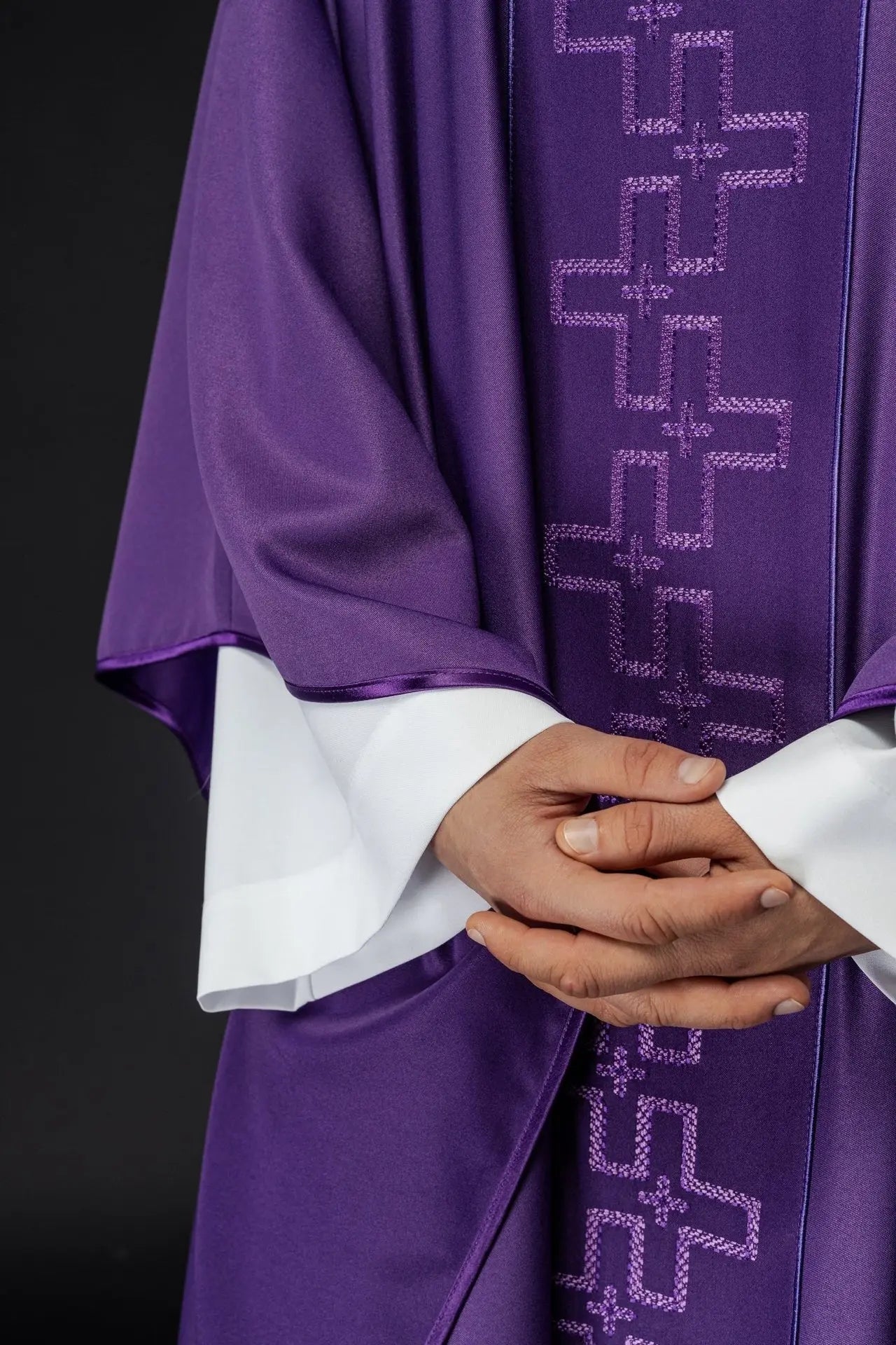 Chasuble with richly embroidered belt in cross embroidery in purple color