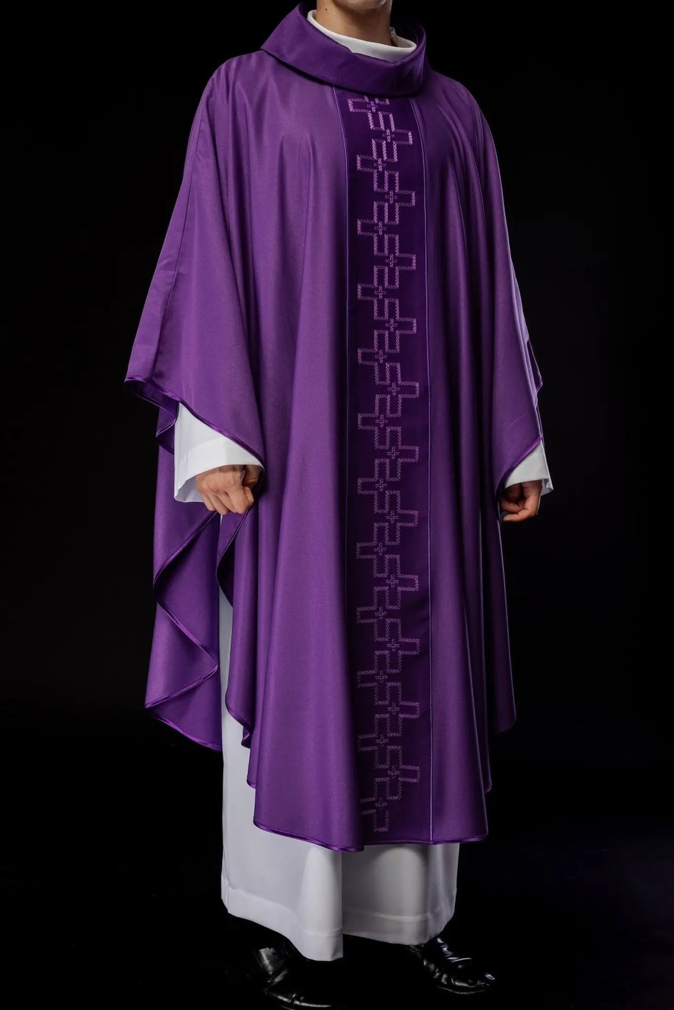 Chasuble with richly embroidered belt in cross embroidery in purple color