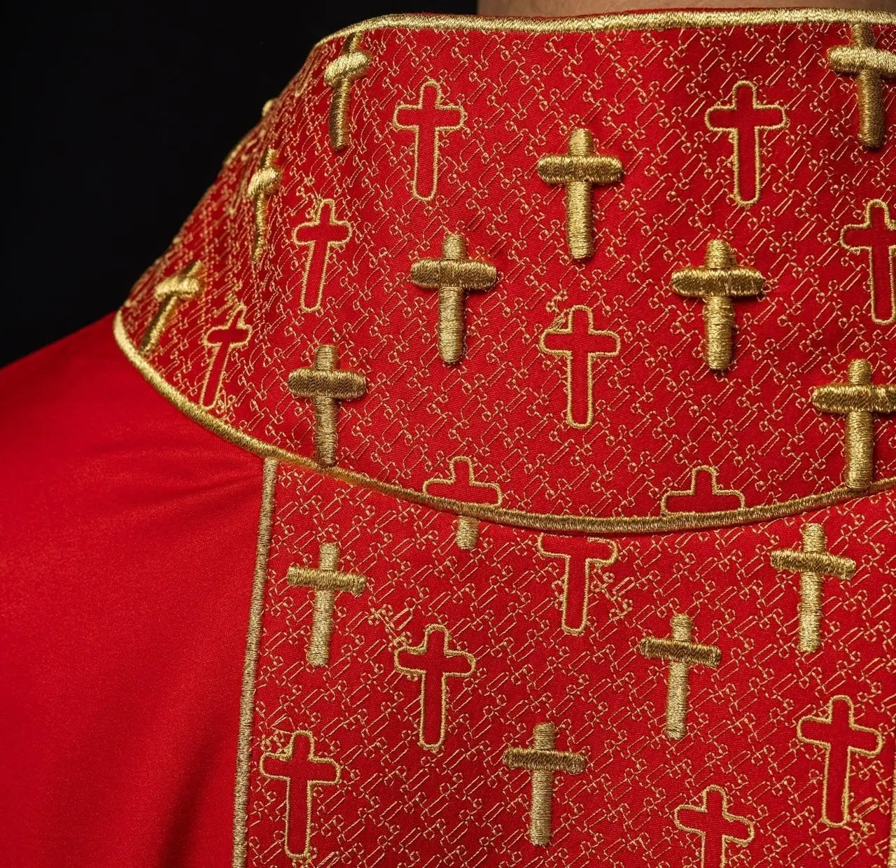 Chasuble with richly embroidered belt with crosses in red color