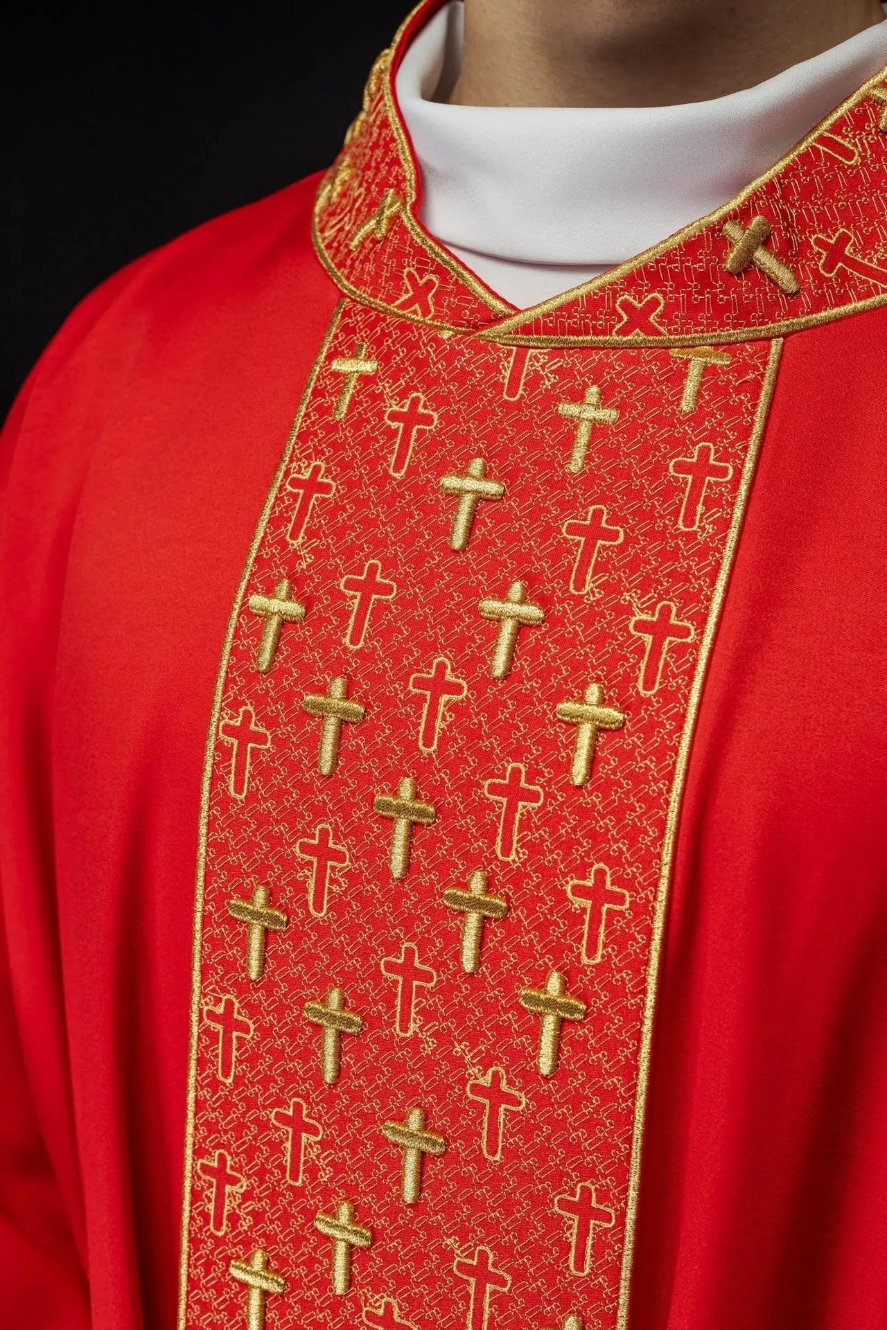 Chasuble with richly embroidered belt with crosses in red color