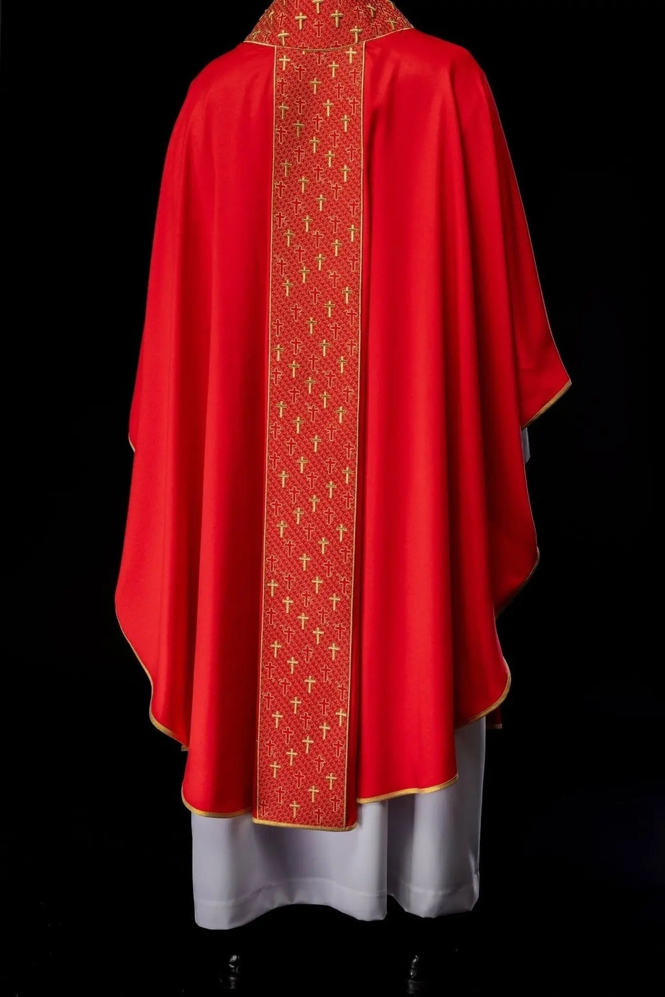 Chasuble with richly embroidered belt with crosses in red color