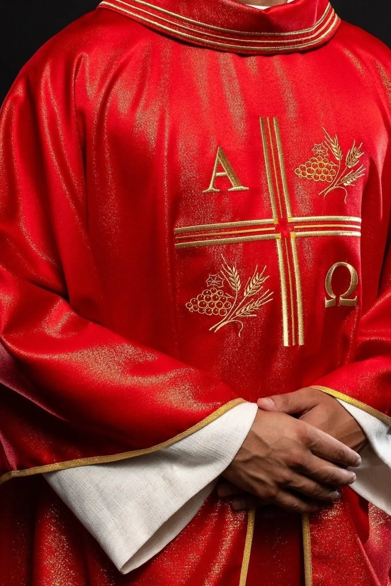 Chasuble with embroidered cross, Alpha and Omega motifs and red ears