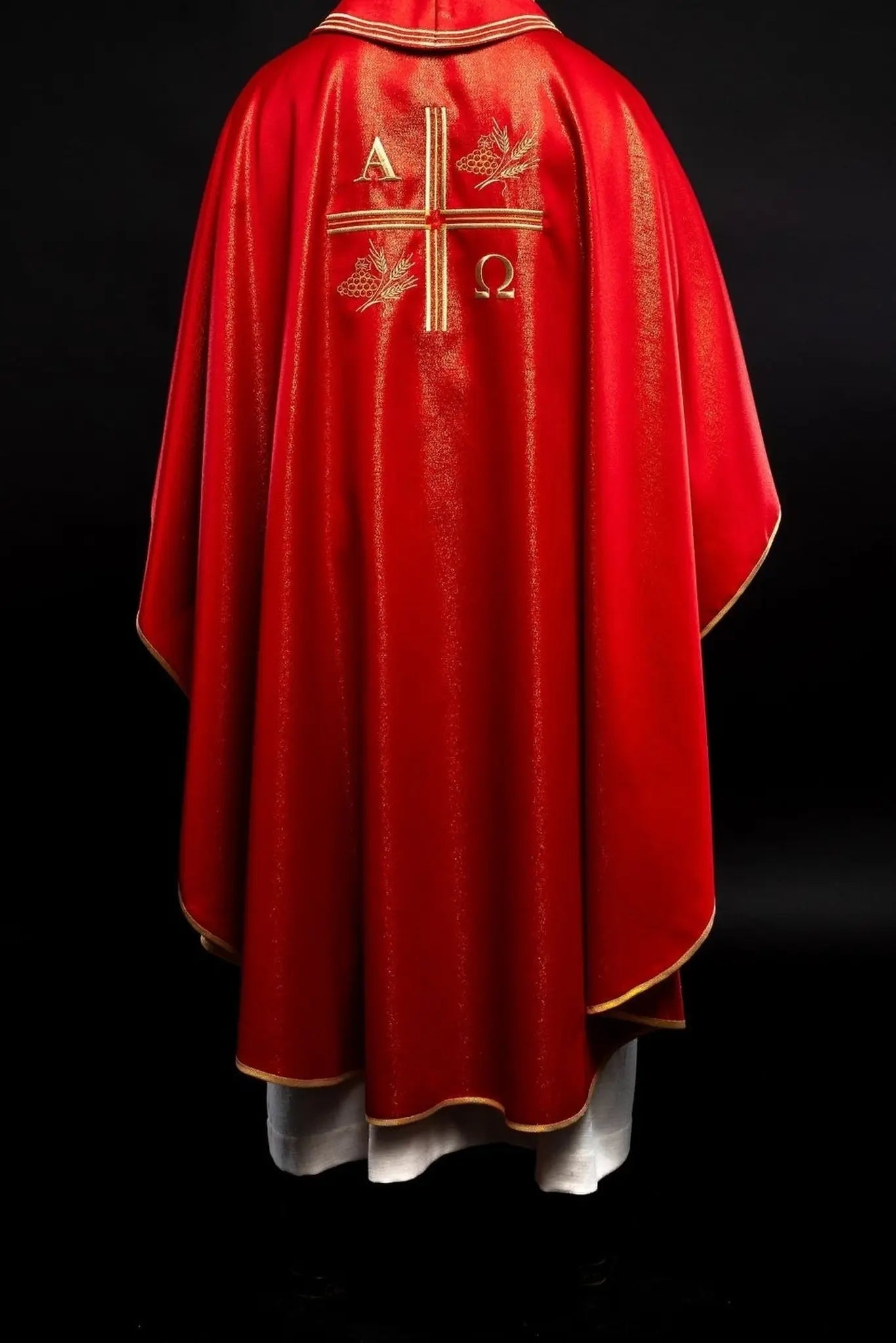 Chasuble with embroidered cross, Alpha and Omega motifs and red ears