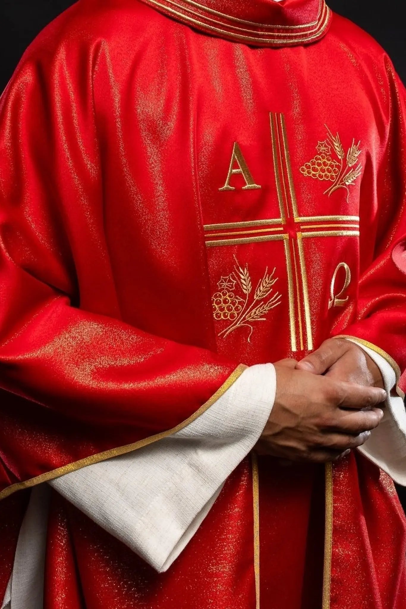 Chasuble with embroidered cross, Alpha and Omega motifs and red ears