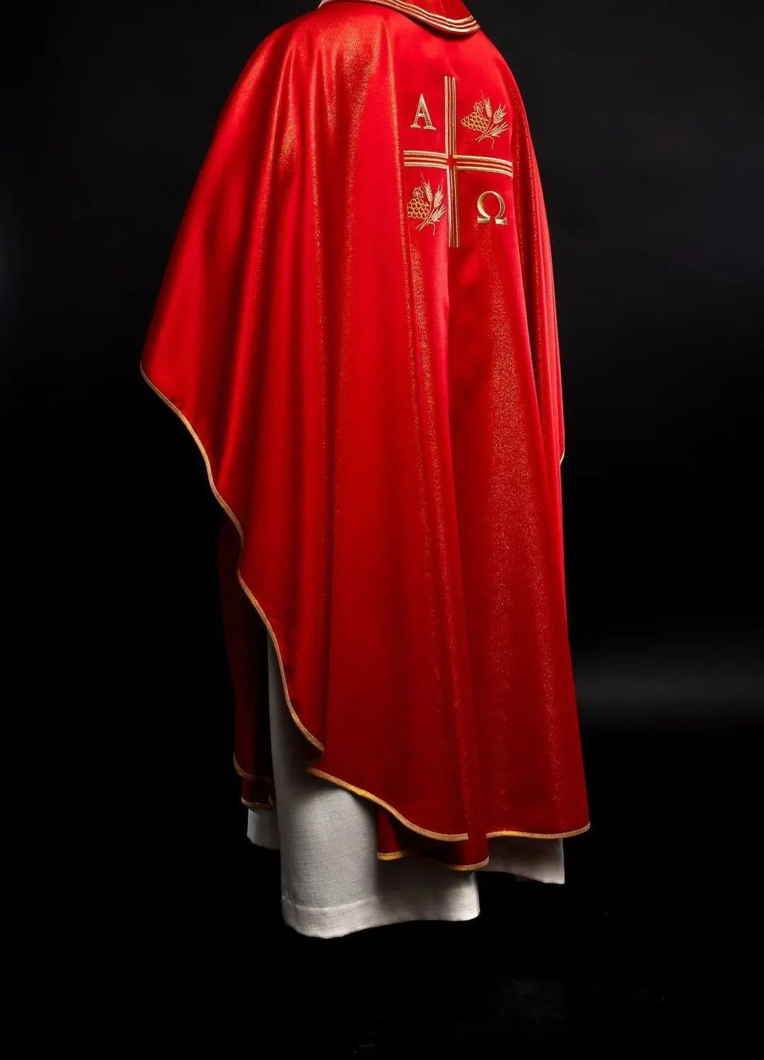 Chasuble with embroidered cross, Alpha and Omega motifs and red ears