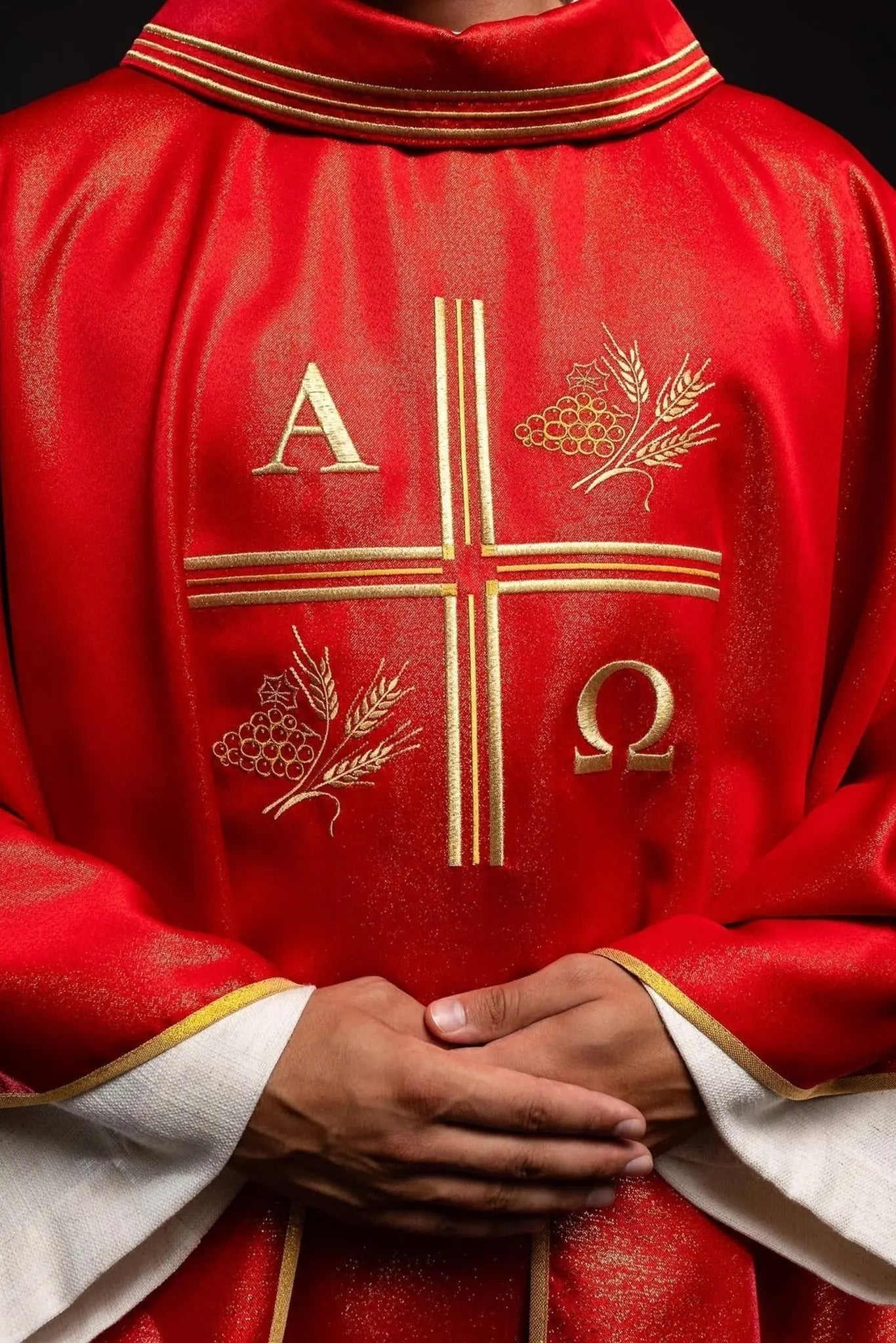 Chasuble with embroidered cross, Alpha and Omega motifs and red ears