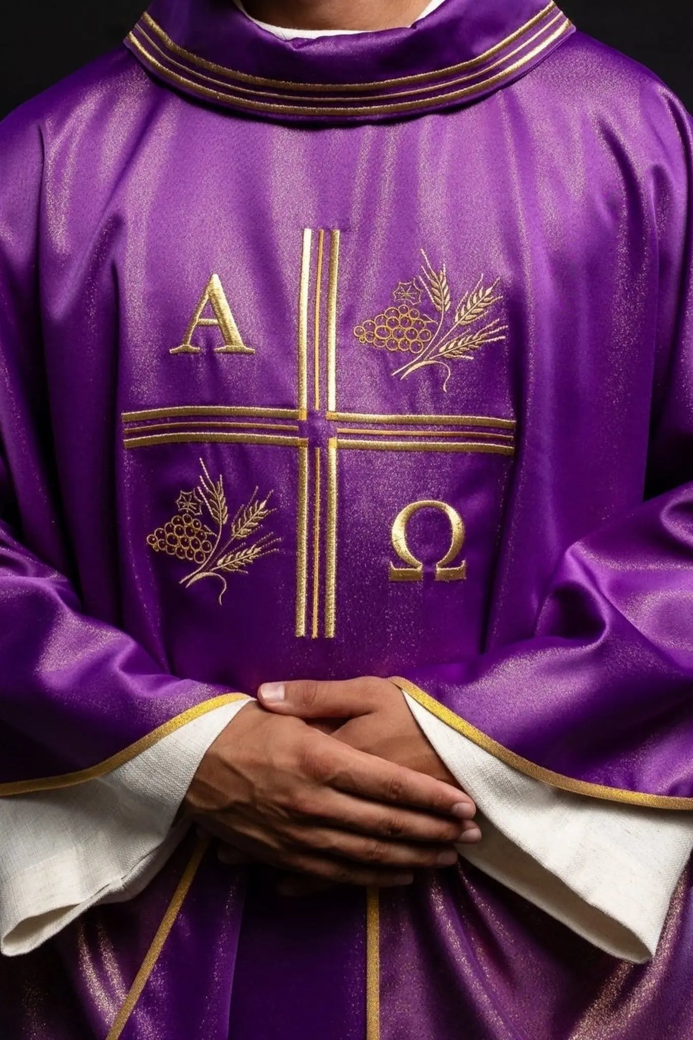 Chasuble with an embroidered cross, Alpha and Omega motifs and ears in purple