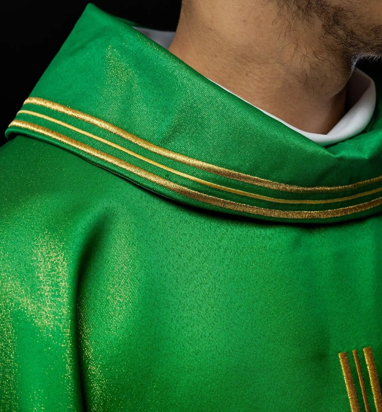 Chasuble with embroidered cross, Alpha and Omega motifs and ears in green