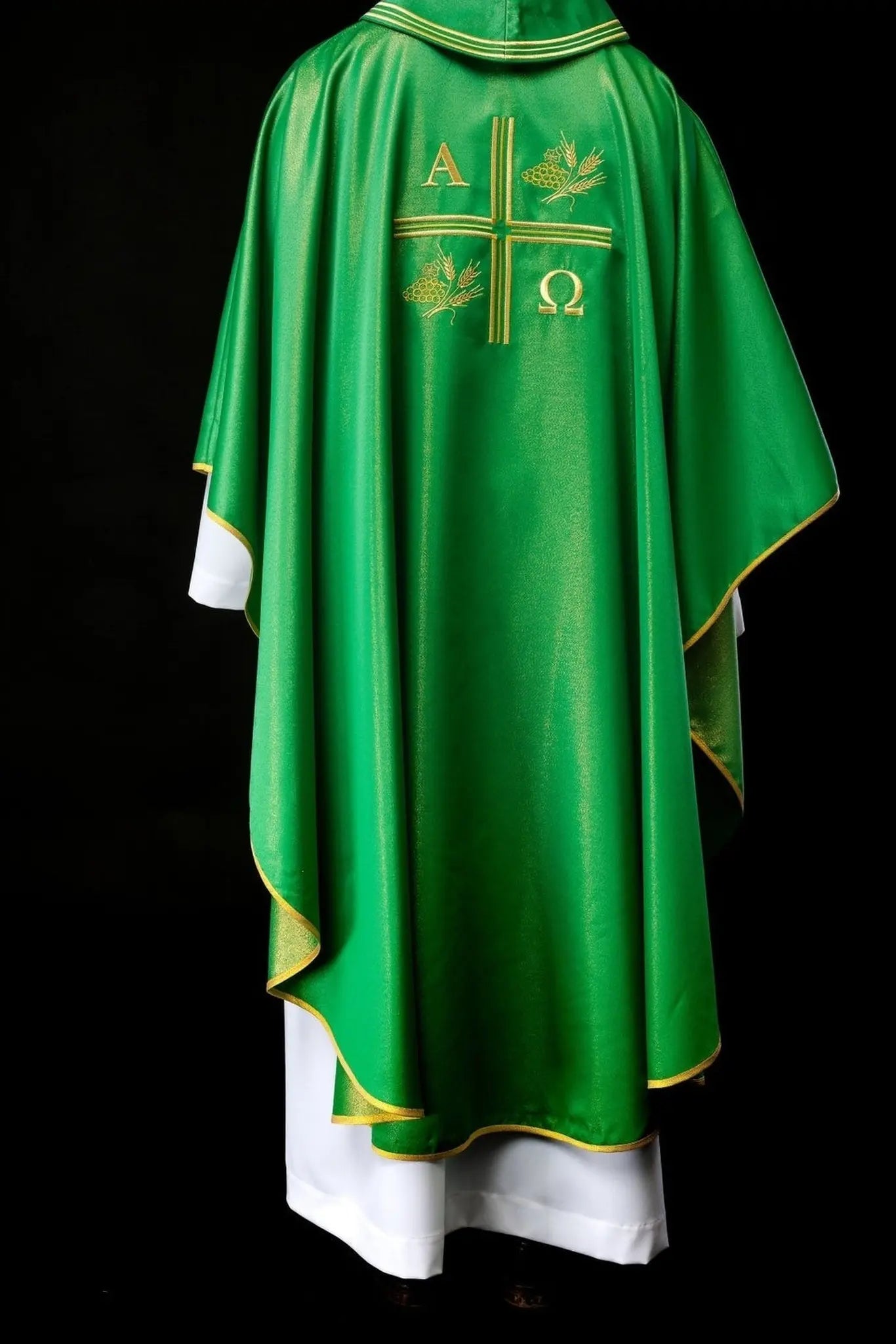 Chasuble with embroidered cross, Alpha and Omega motifs and ears in green