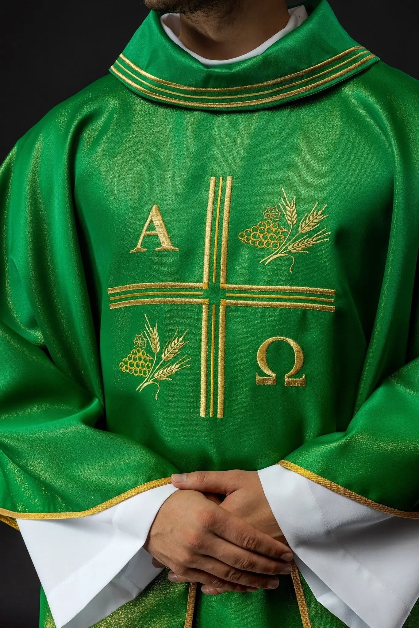 Chasuble with embroidered cross, Alpha and Omega motifs and ears in green