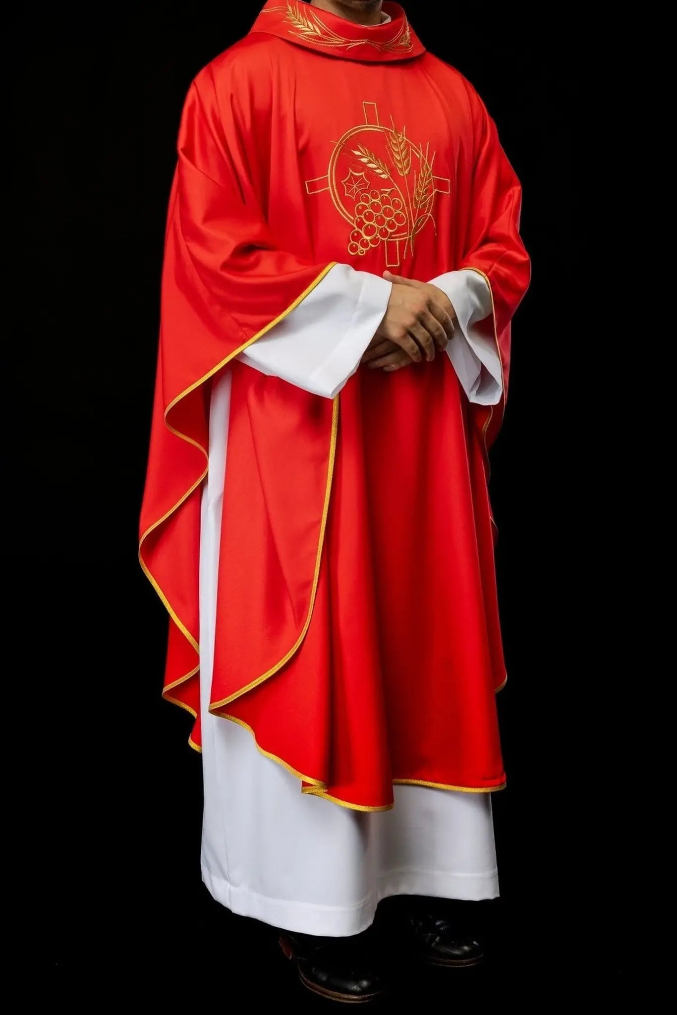 Chasuble with embroidered cross and red ear motifs