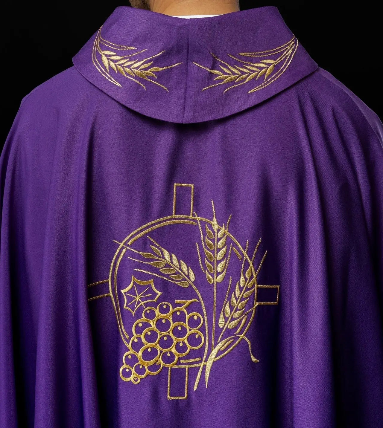 Chasuble with embroidered cross and ear motifs in purple