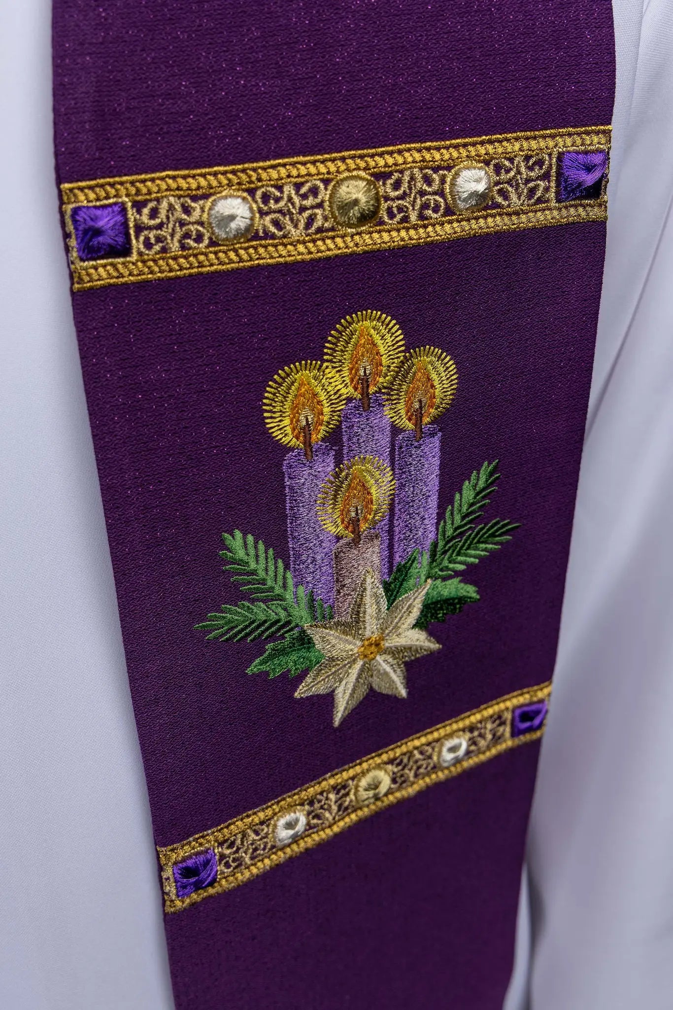 Purple Advent Stole with IHS and Advent Candle Embroidery - HAFTINA ATELIER